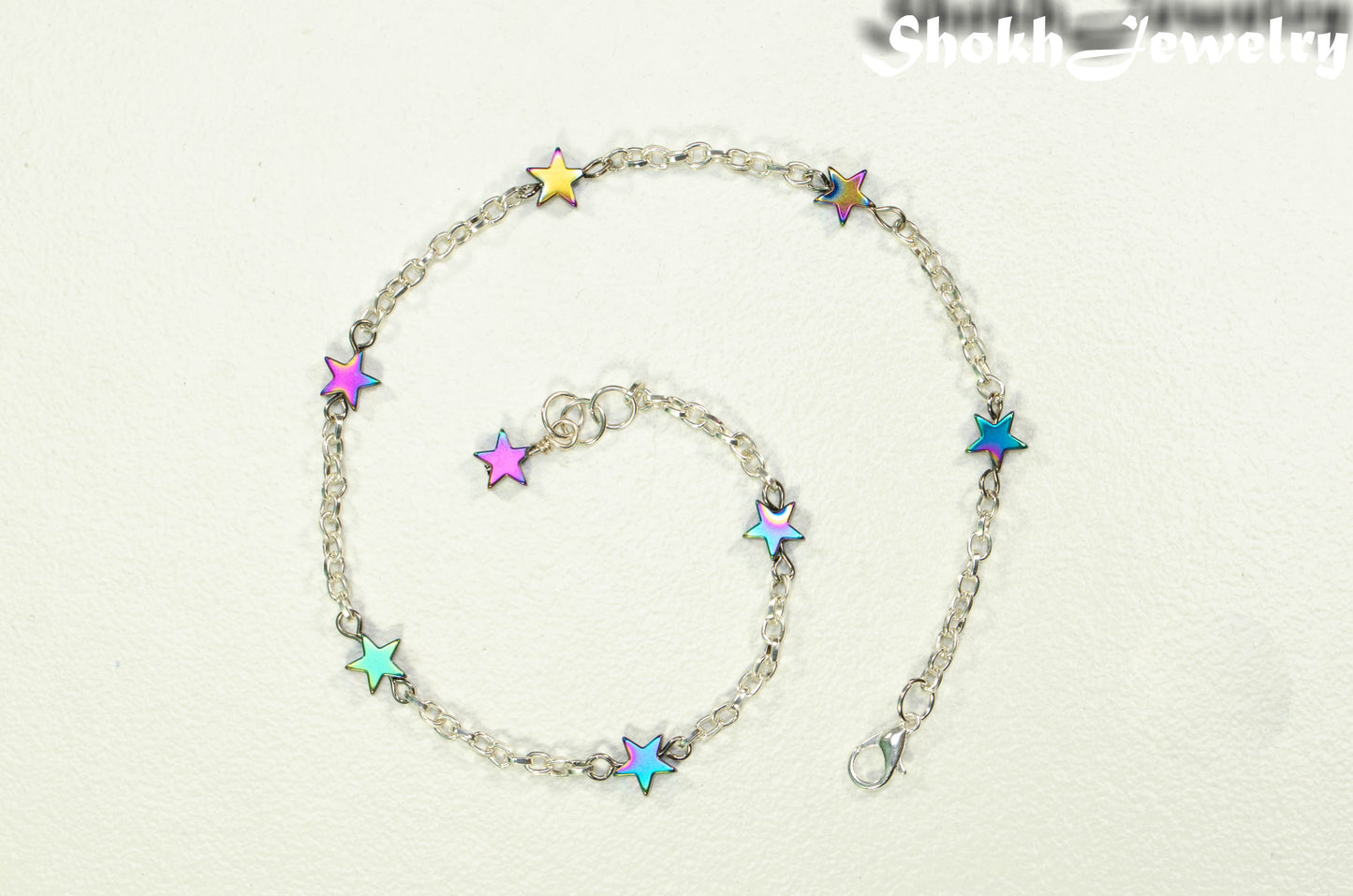 Top view of Rainbow Hematite Star and Chain Anklet.