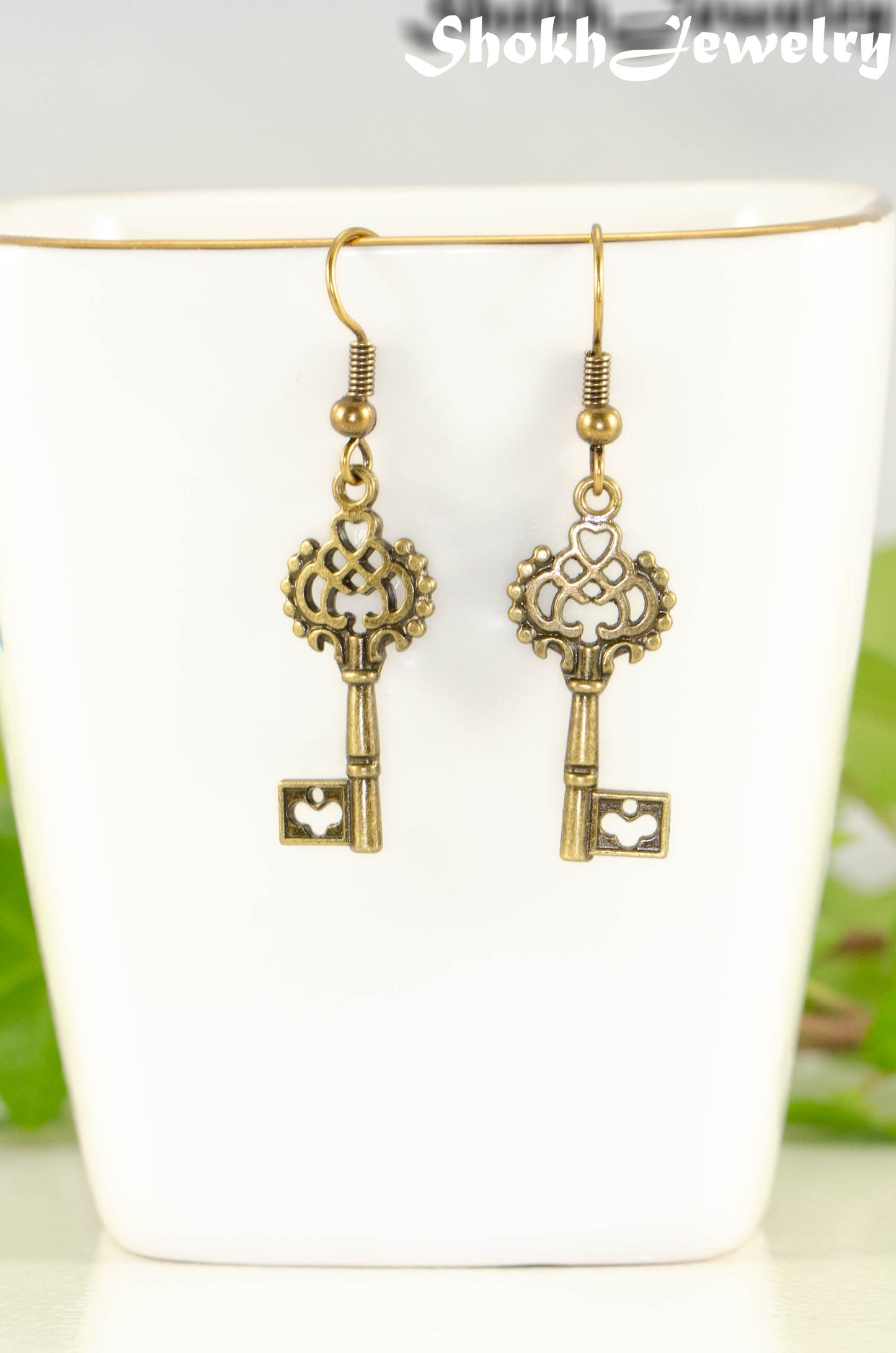 Bronze Skeleton Key Charm Earrings.