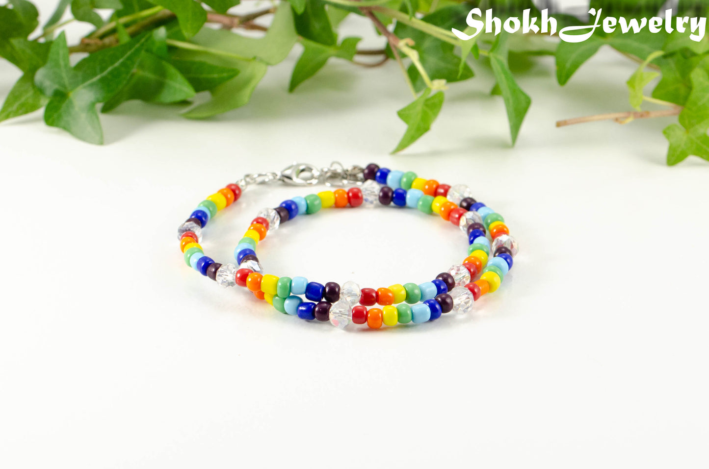 Clear Glass Crystal and Rainbow Seed Bead Choker Necklace.