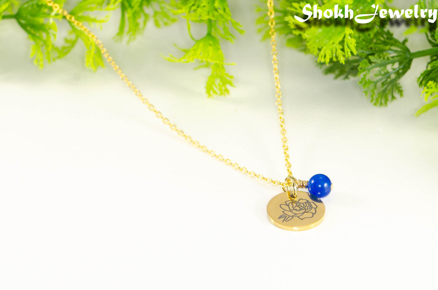 Gold Plated September Birth Flower Necklace with Sapphire Birthstone Pendant.