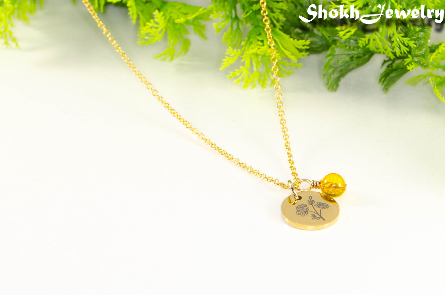 Gold Plated November Birth Flower Necklace with Citrine Birthstone Pendant.
