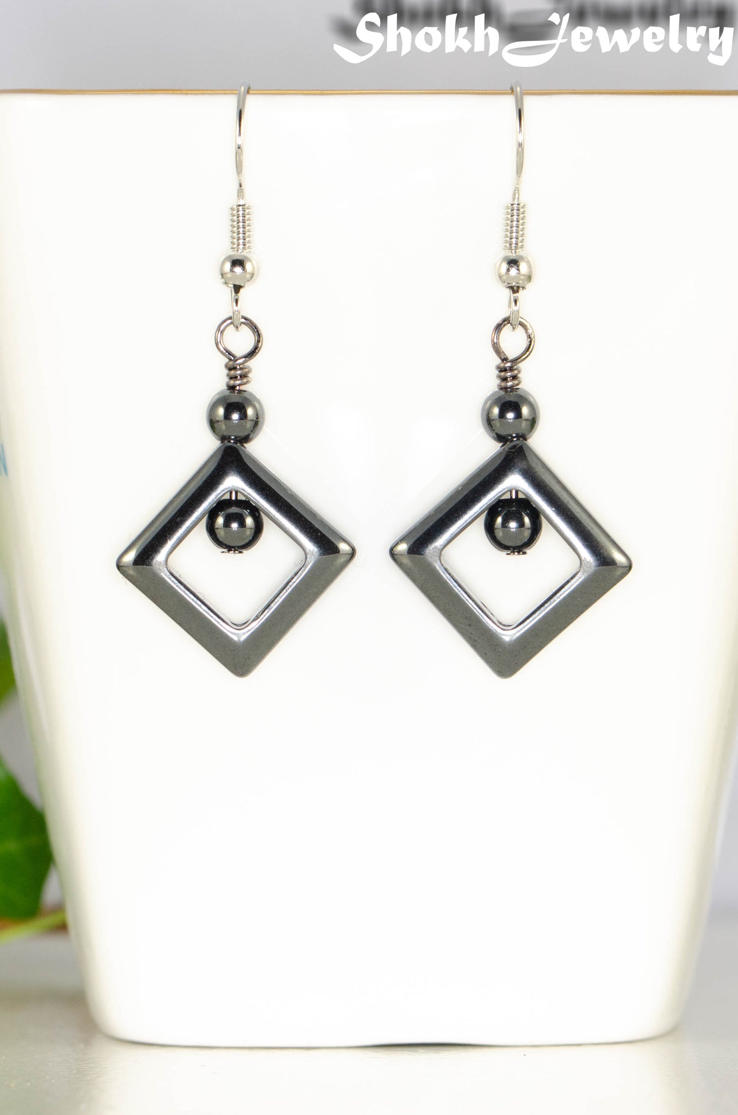 Small Black Hematite Geometric Earrings.