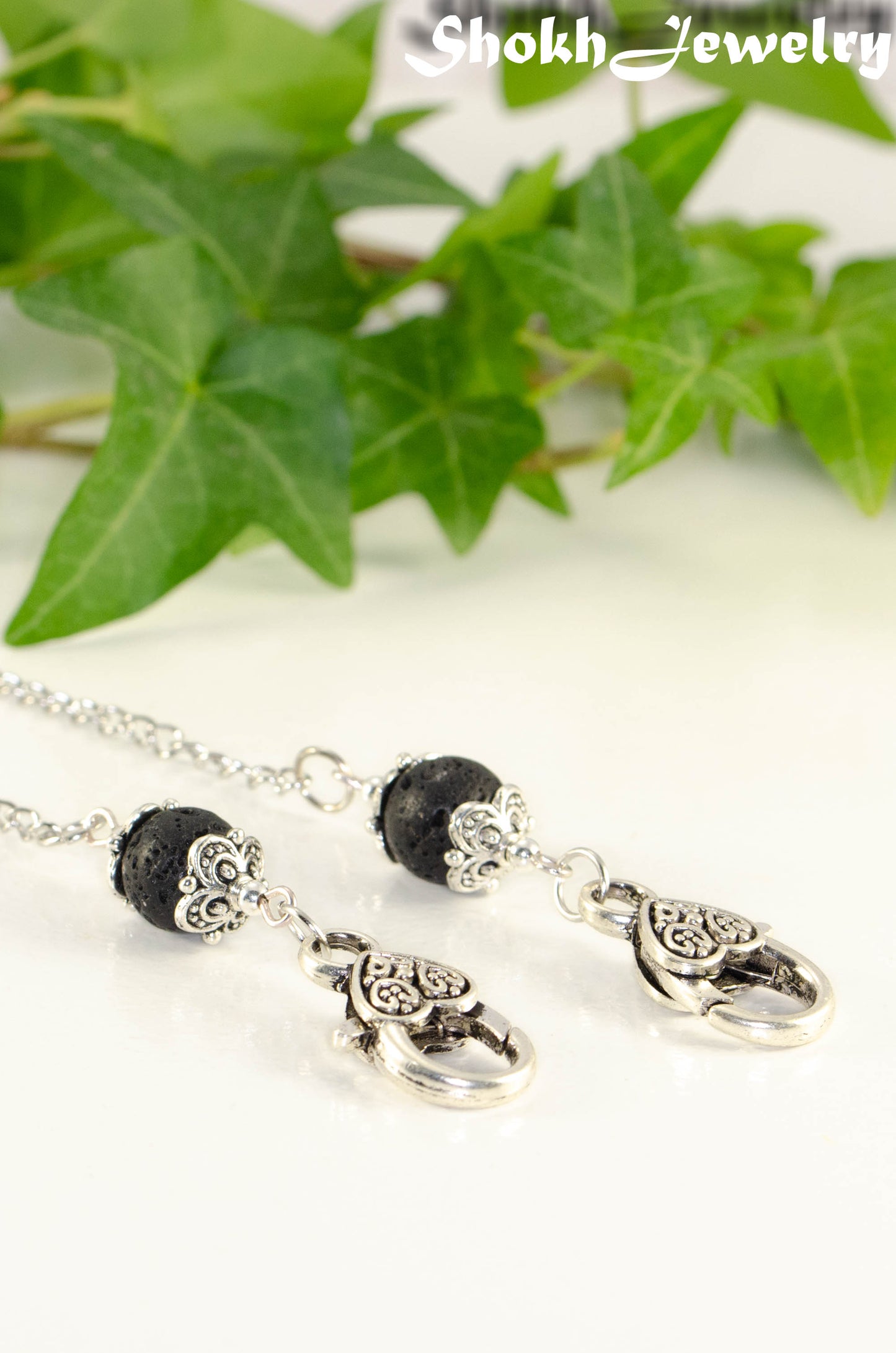 Close up of Black Lava Stone Eyeglass chain/Face Mask Lanyard.