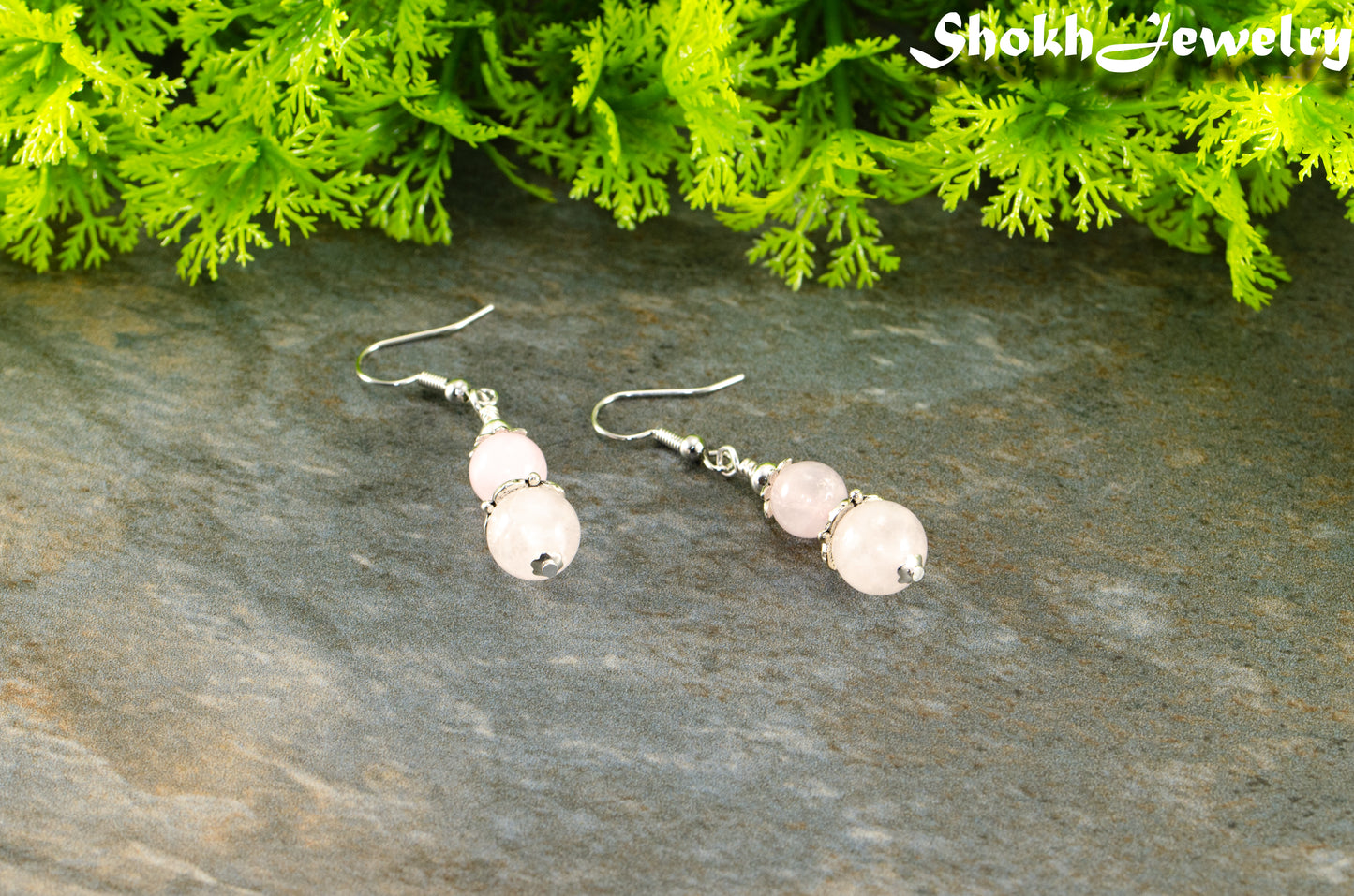 Natural Rose Quartz Crystal Dangle Earrings for women.