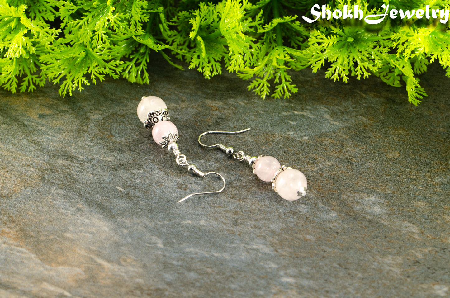 Natural Rose Quartz Crystal Dangle Earrings.