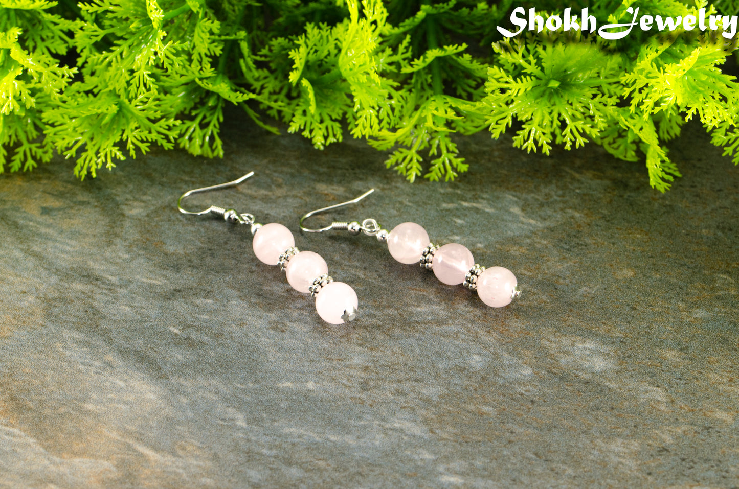 Natural Rose Quartz Beaded Bar Earrings for women.
