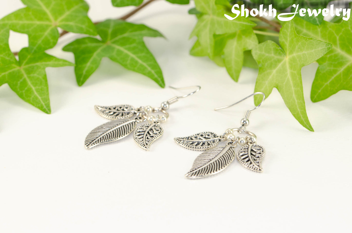 Statement Tibetan Silver Leaf Charm Earrings for women.