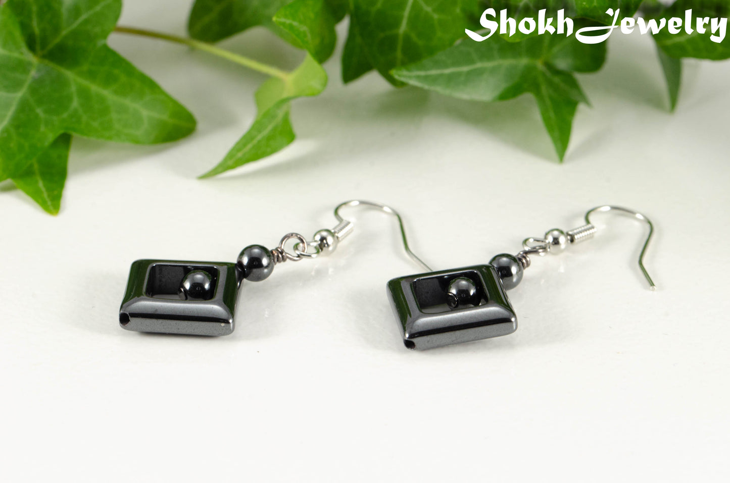 Close up of Small Black Hematite Geometric Earrings.