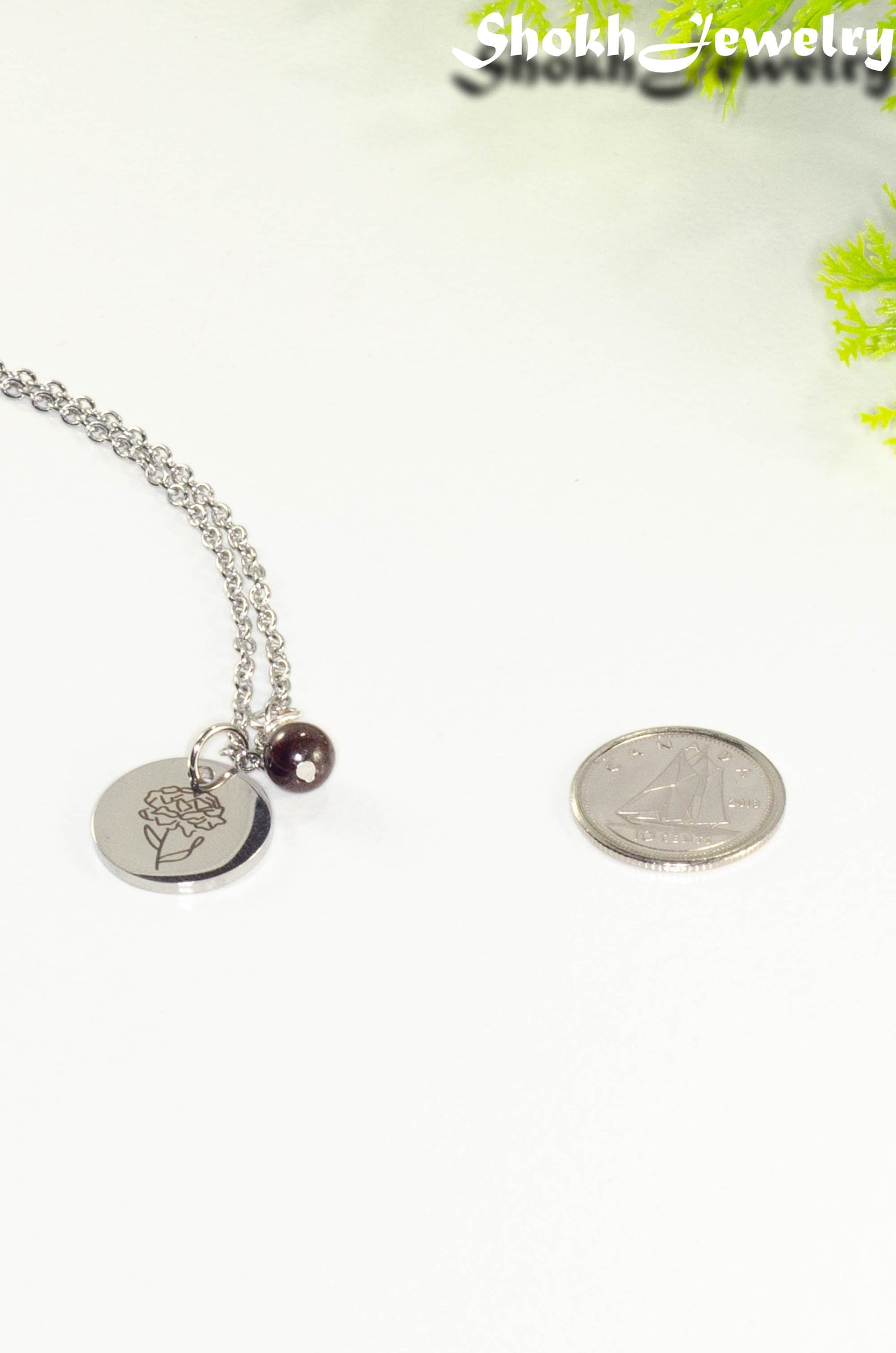 January Birth Flower Necklace with Garnet Birthstone Pendant