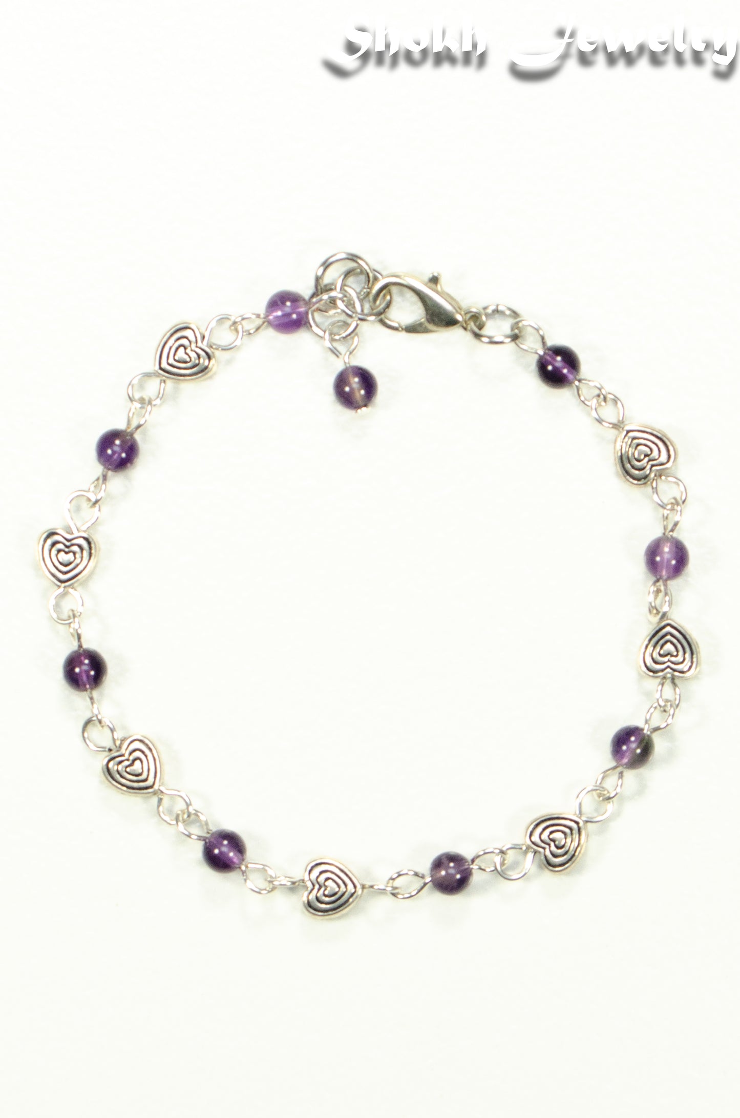 Tibetan Silver Heart and Amethyst Link Bracelet