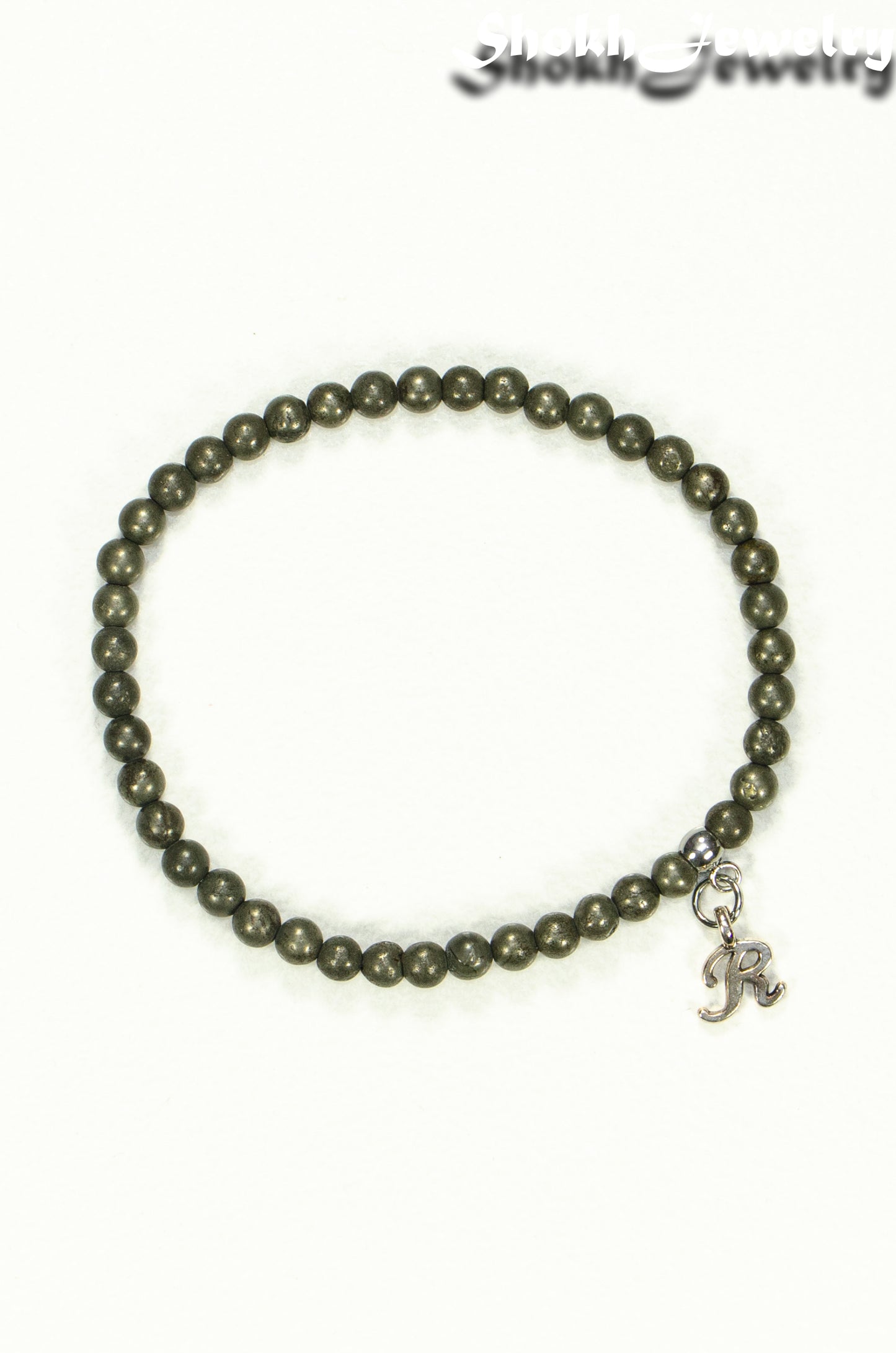 Top view of 4mm Natural Pyrite Bracelet with Initial.