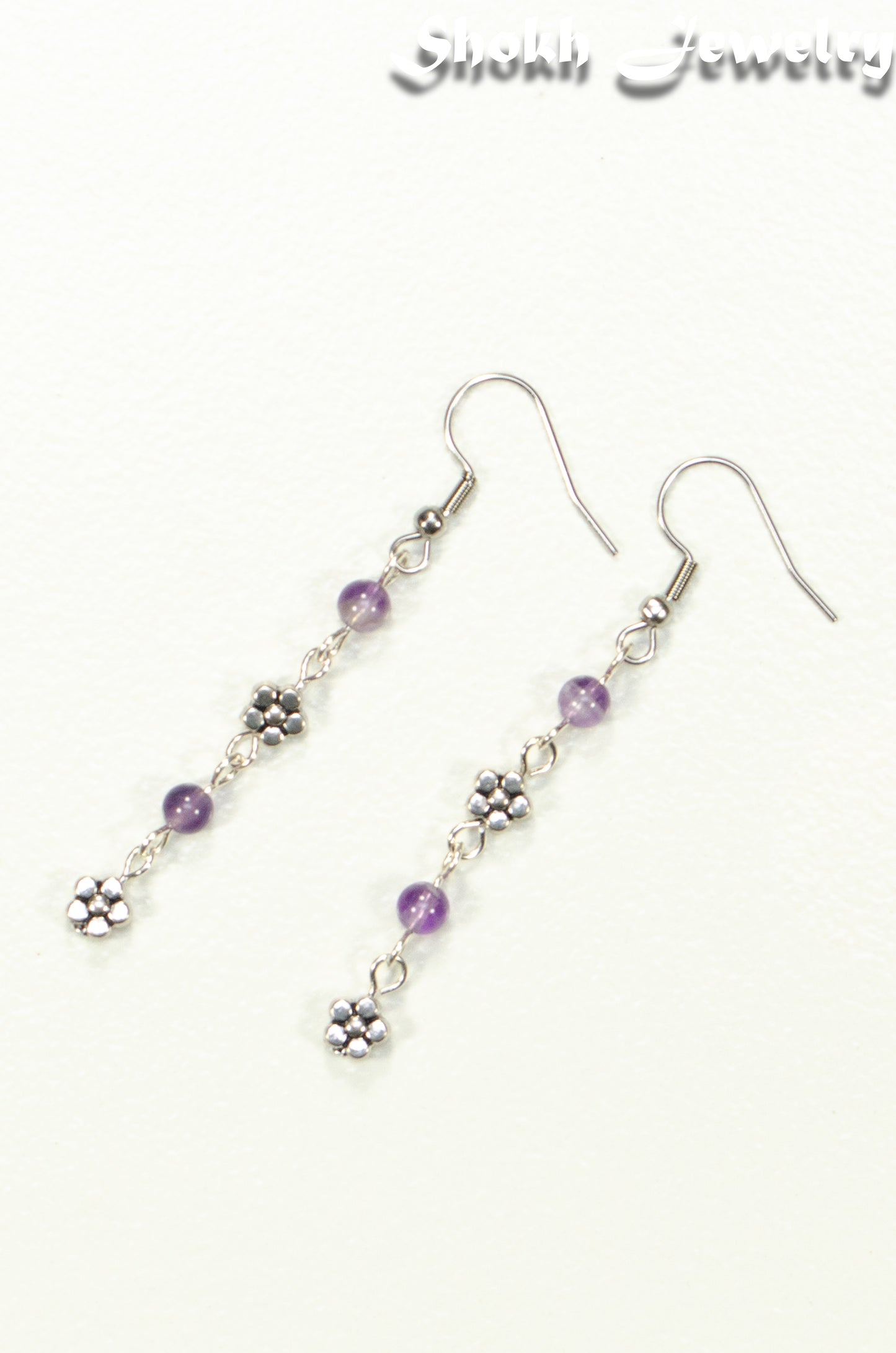 Long Amethyst and Flower Earrings, February Birthstone Jewelry