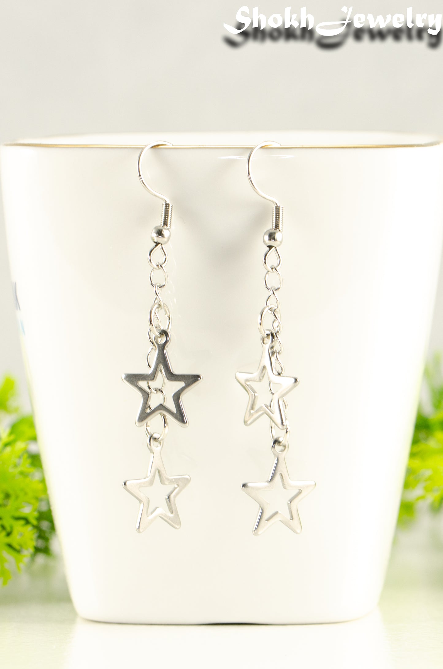 Close up of Stainless steel chain and 2 star earrings.