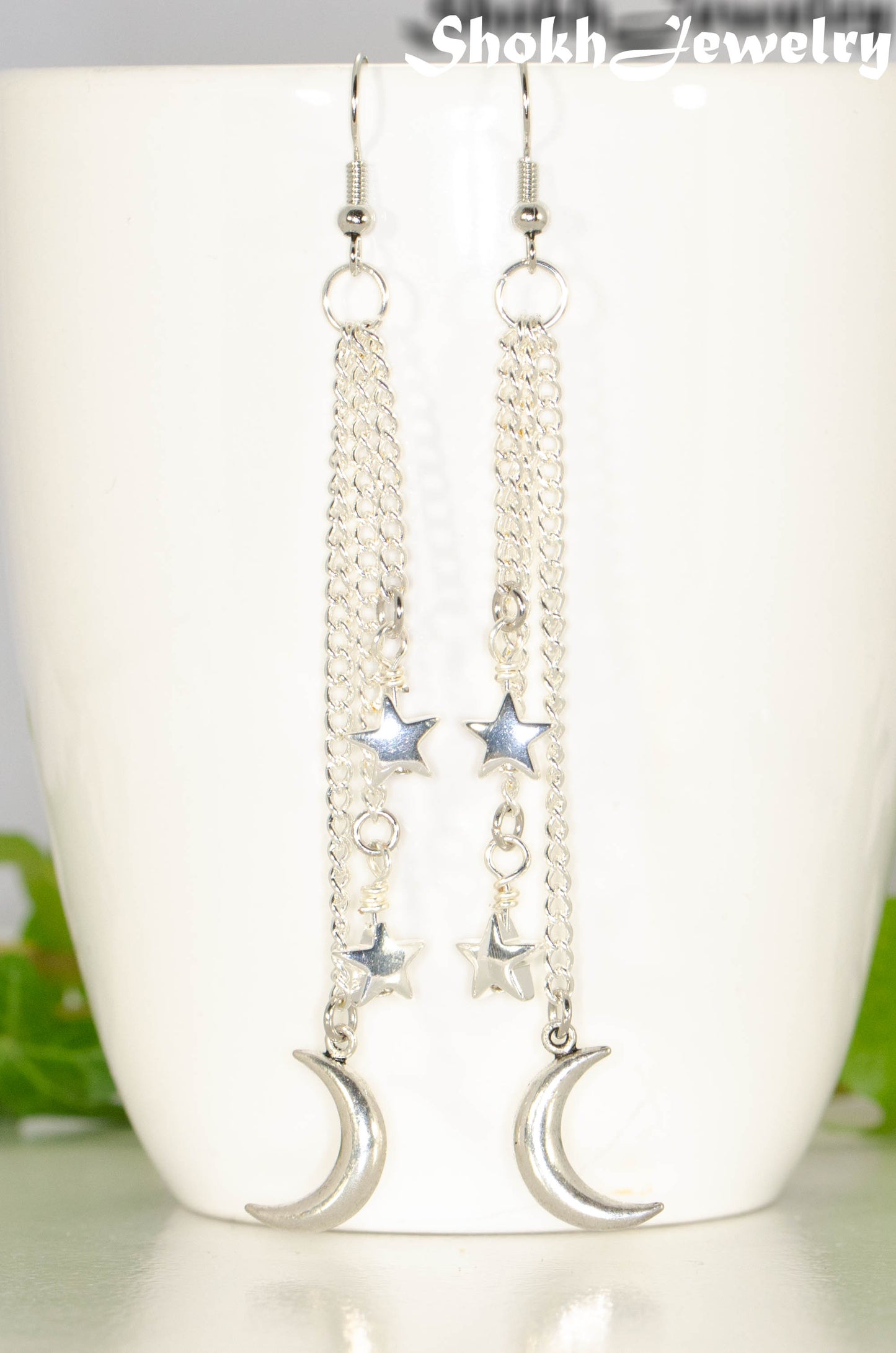 Extra Long Crescent Moon and Hematite Star Earrings