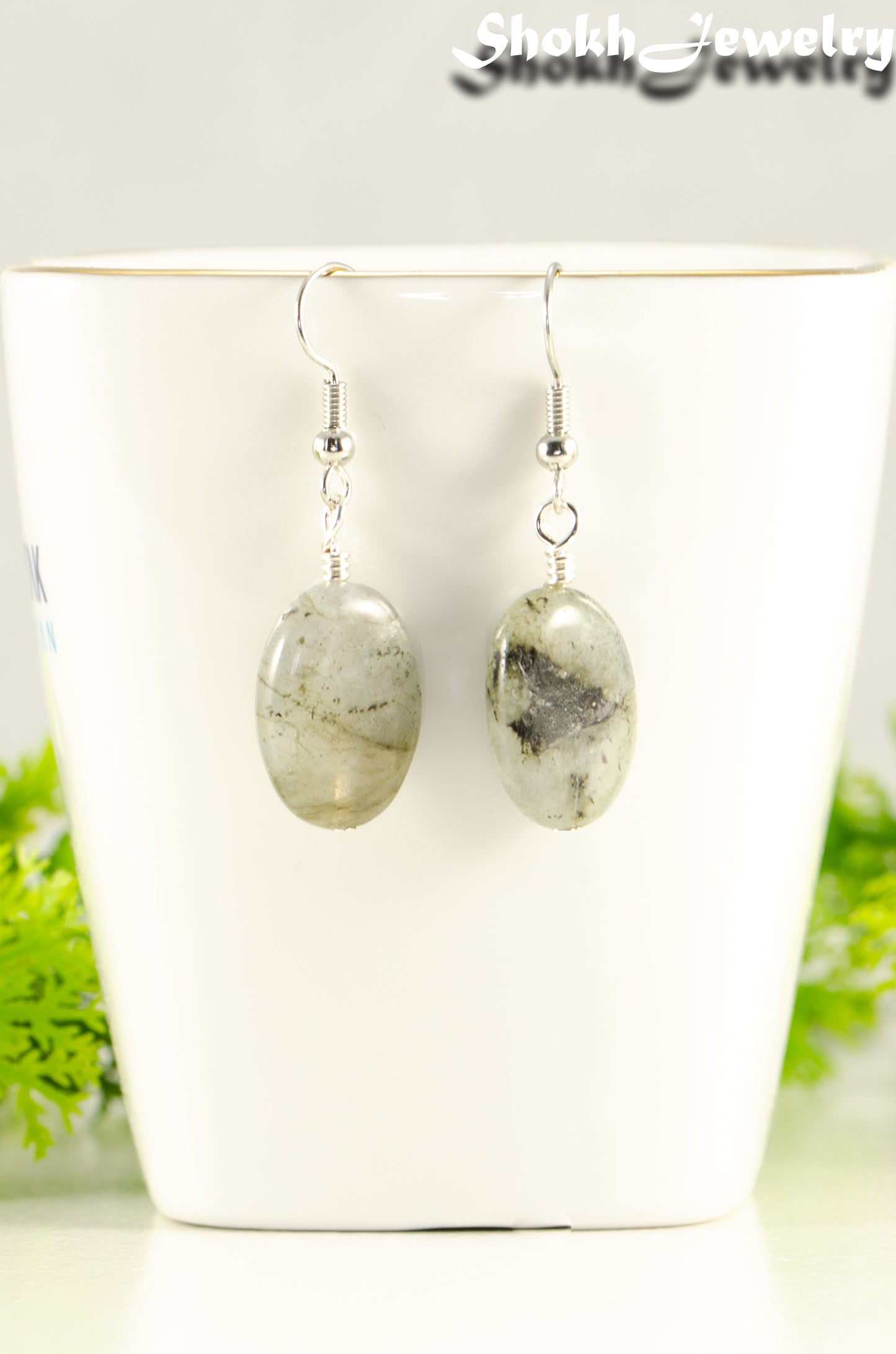 Close up of Natural Labradorite Crystal Earrings