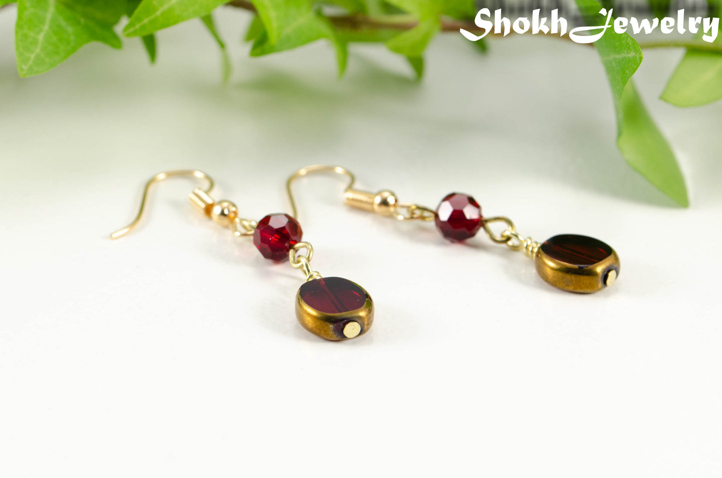 Dark Red and Gold Glass Bead Earrings.