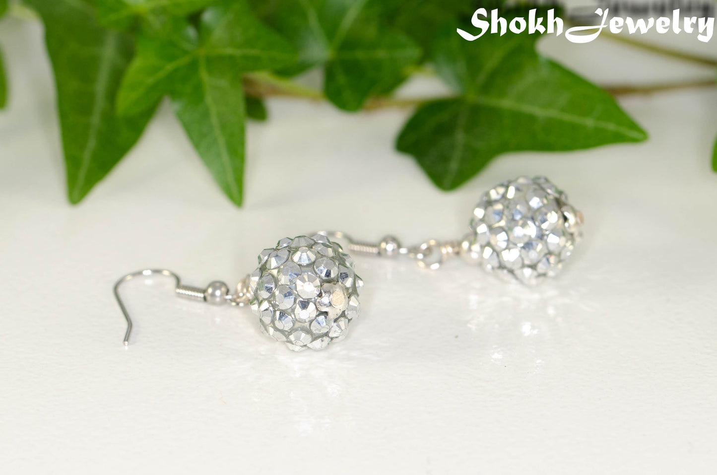 Close up of 14mm Rhinestone Disco Ball Earrings.
