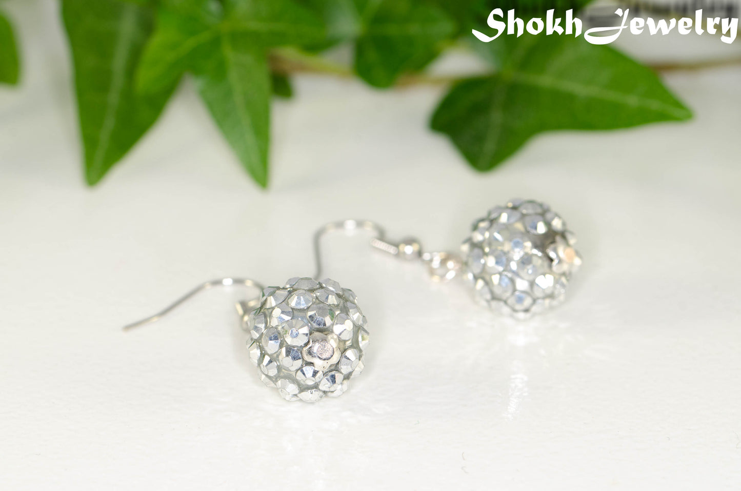 Close up of 14mm Rhinestone Disco Ball Earrings.