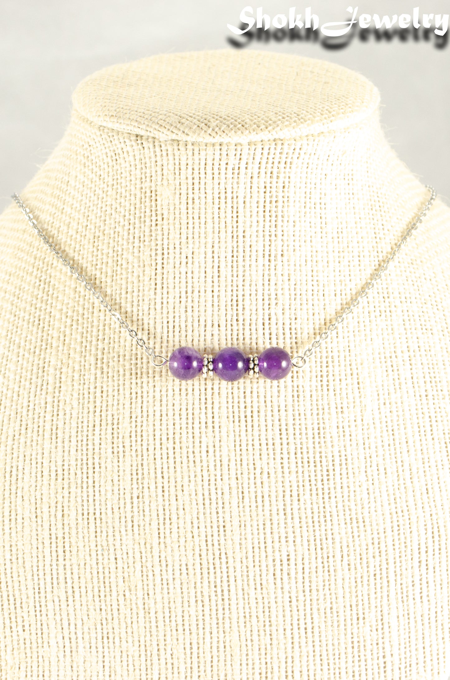 Close up of Amethyst and Dainty Chain Choker Necklace.