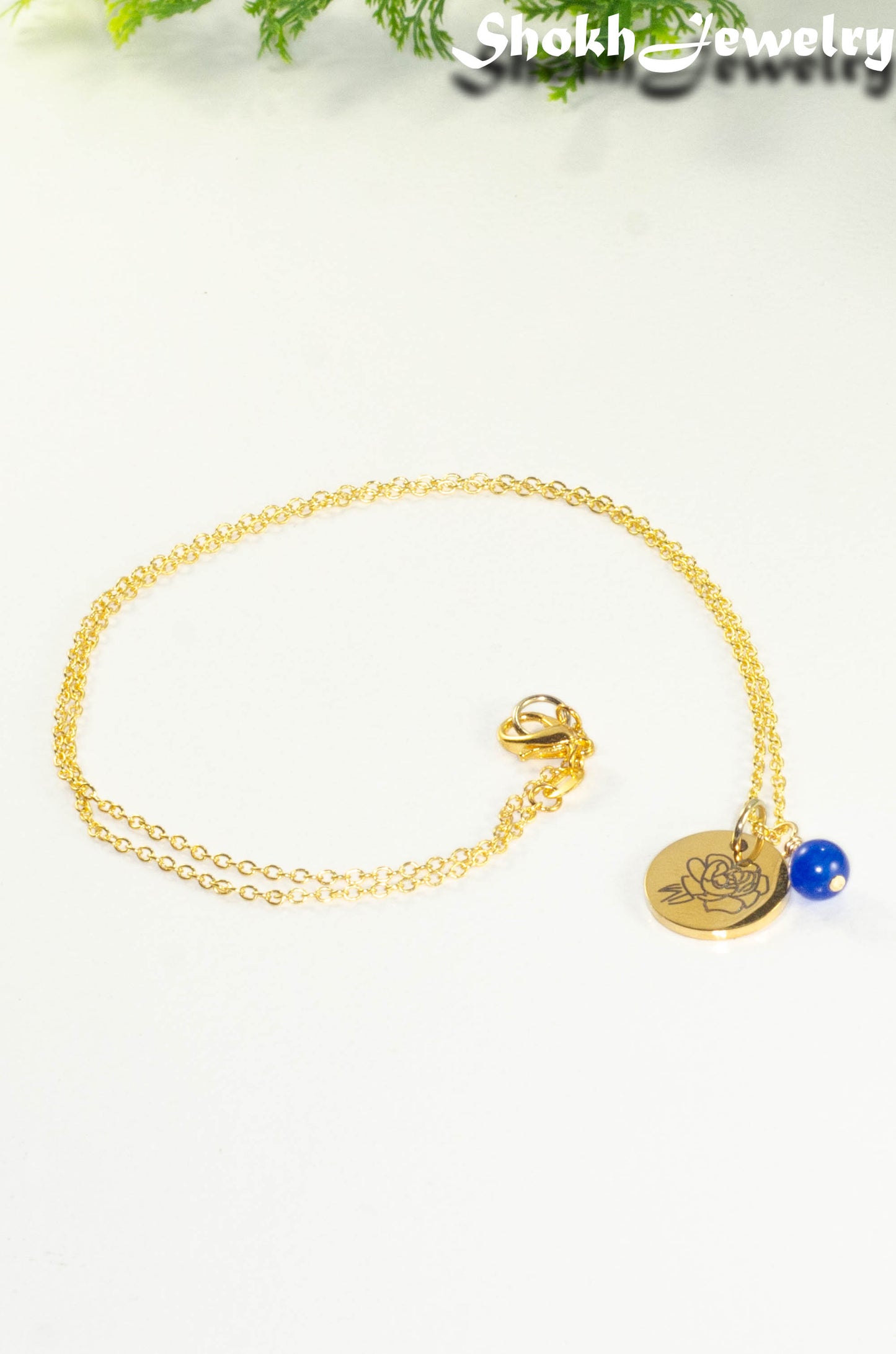 Gold Plated September Birth Flower Necklace with Sapphire Birthstone Pendant.