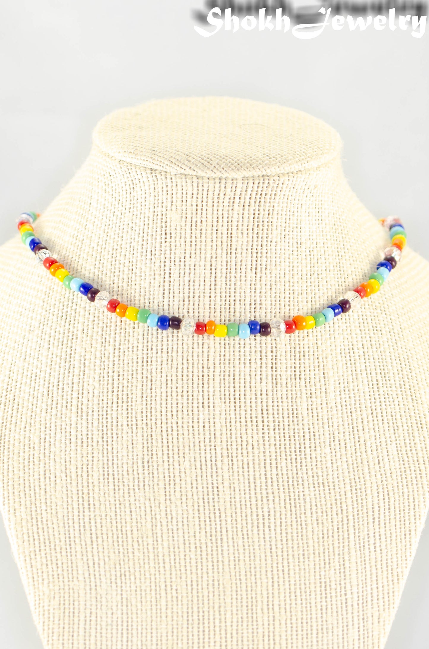 Close up of Clear Glass Crystal and Rainbow Seed Bead Choker Necklace.