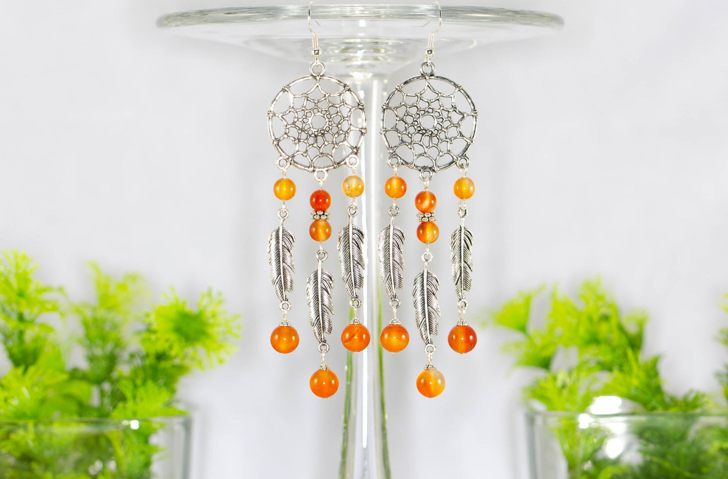 Extra Long Carnelian Dream Catcher Earrings.