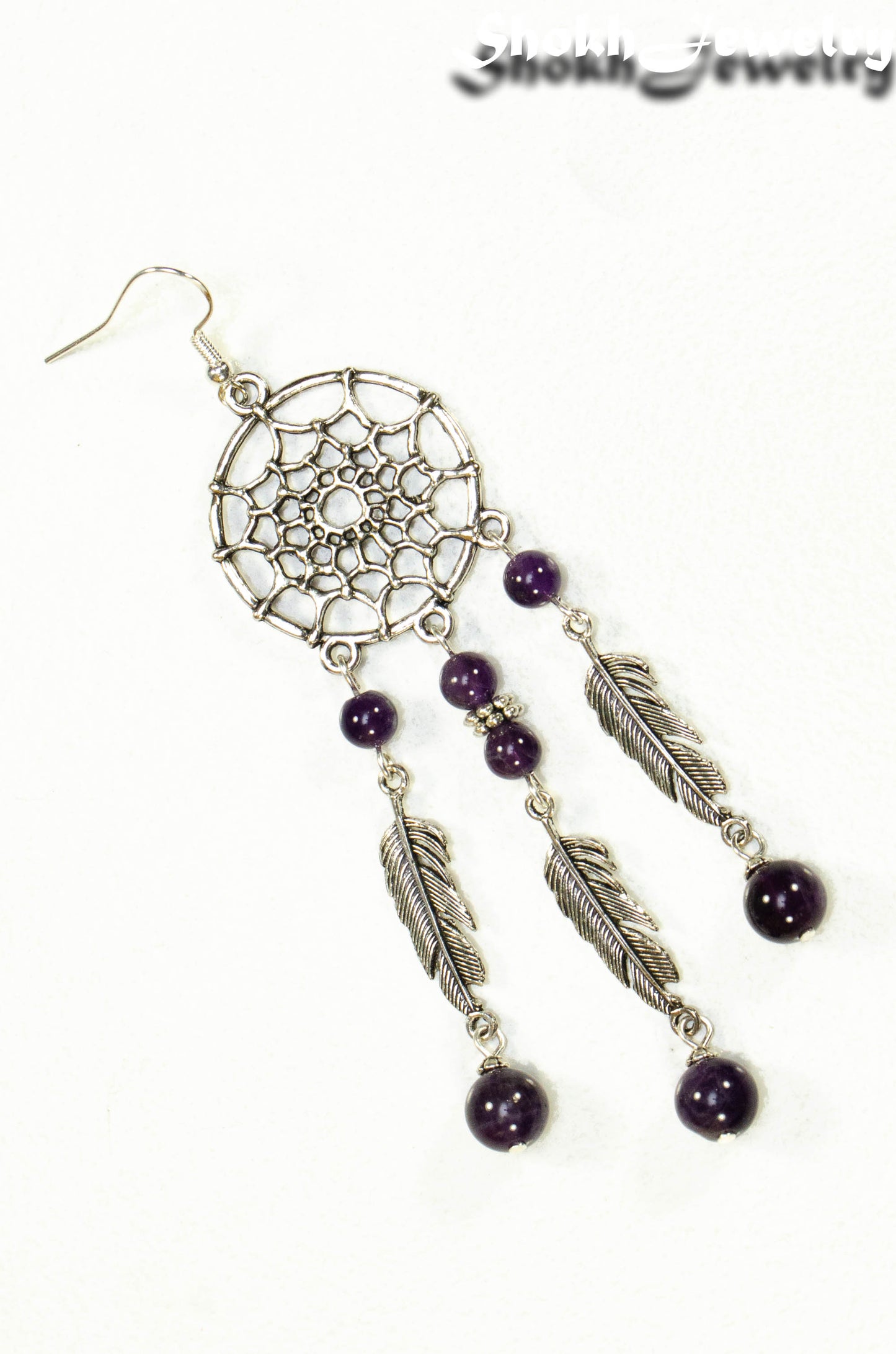 Top view of Extra Long Amethyst Dream Catcher Earrings.