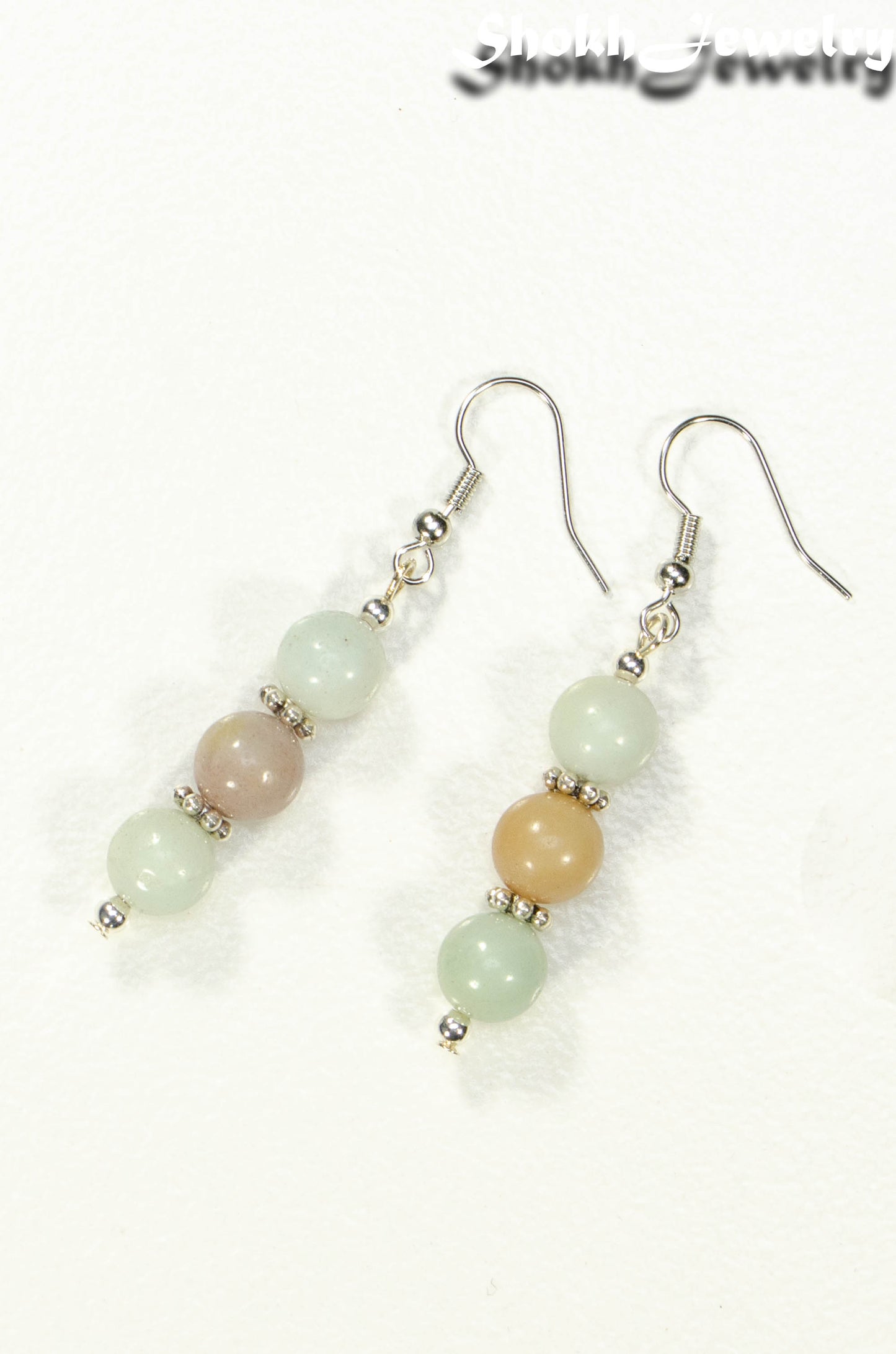 Top view of Natural Amazonite Beaded Bar Earrings.