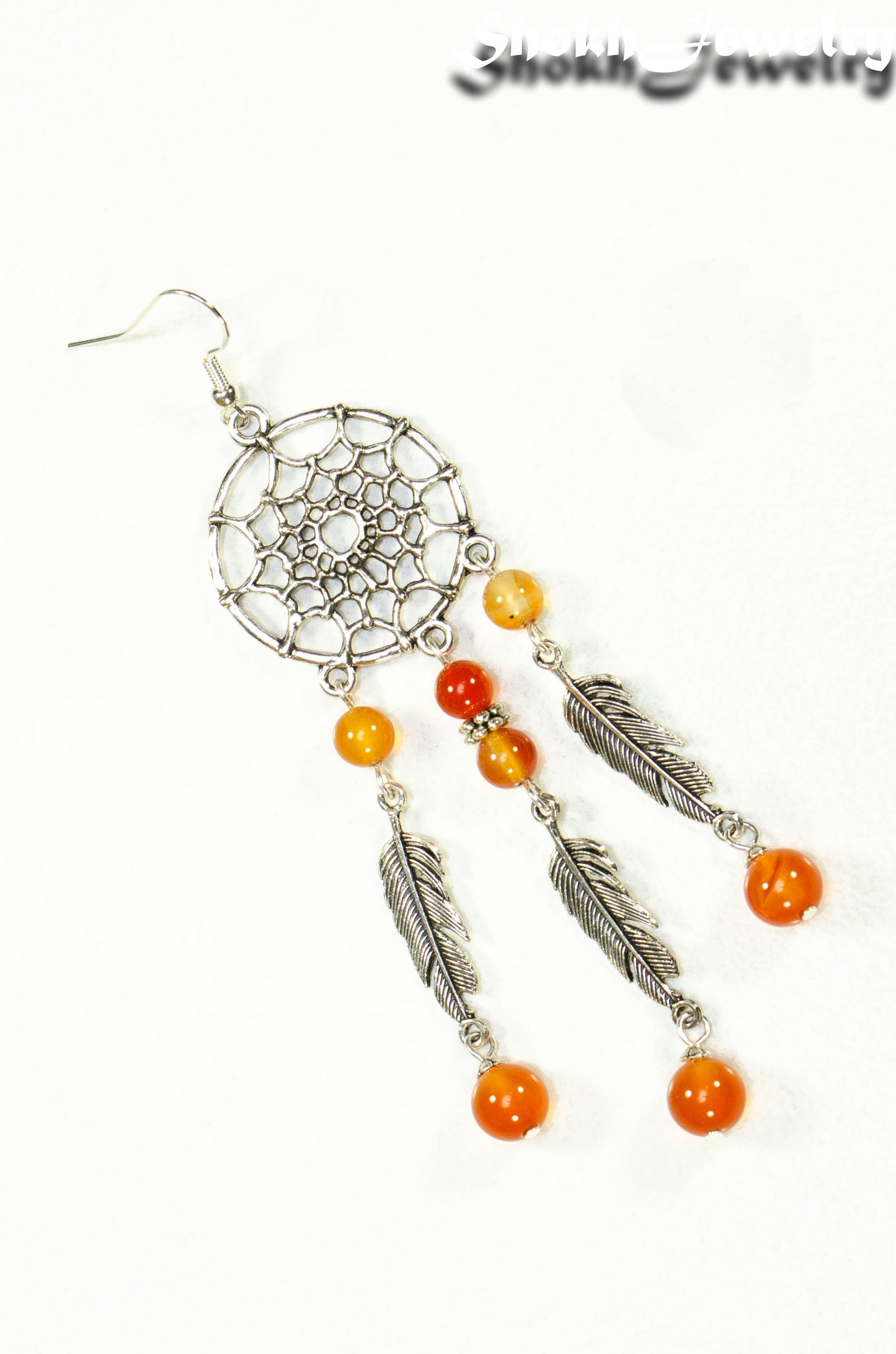 Top view of Extra Long Carnelian Dream Catcher Earring.