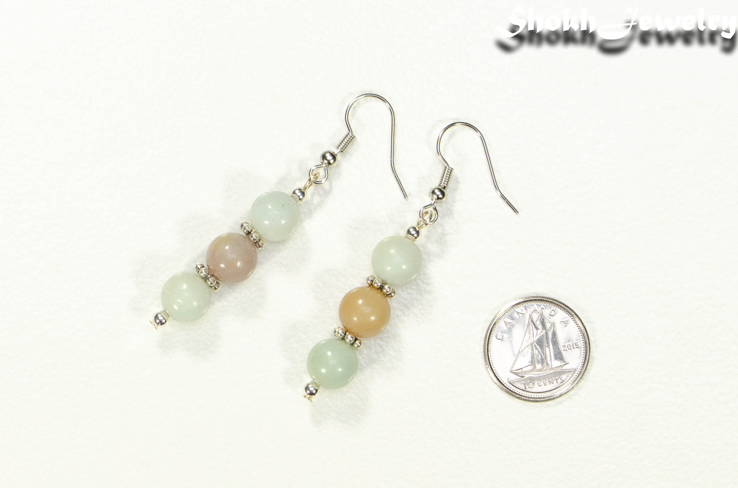 Natural Amazonite Beaded Bar Earrings beside a dime.