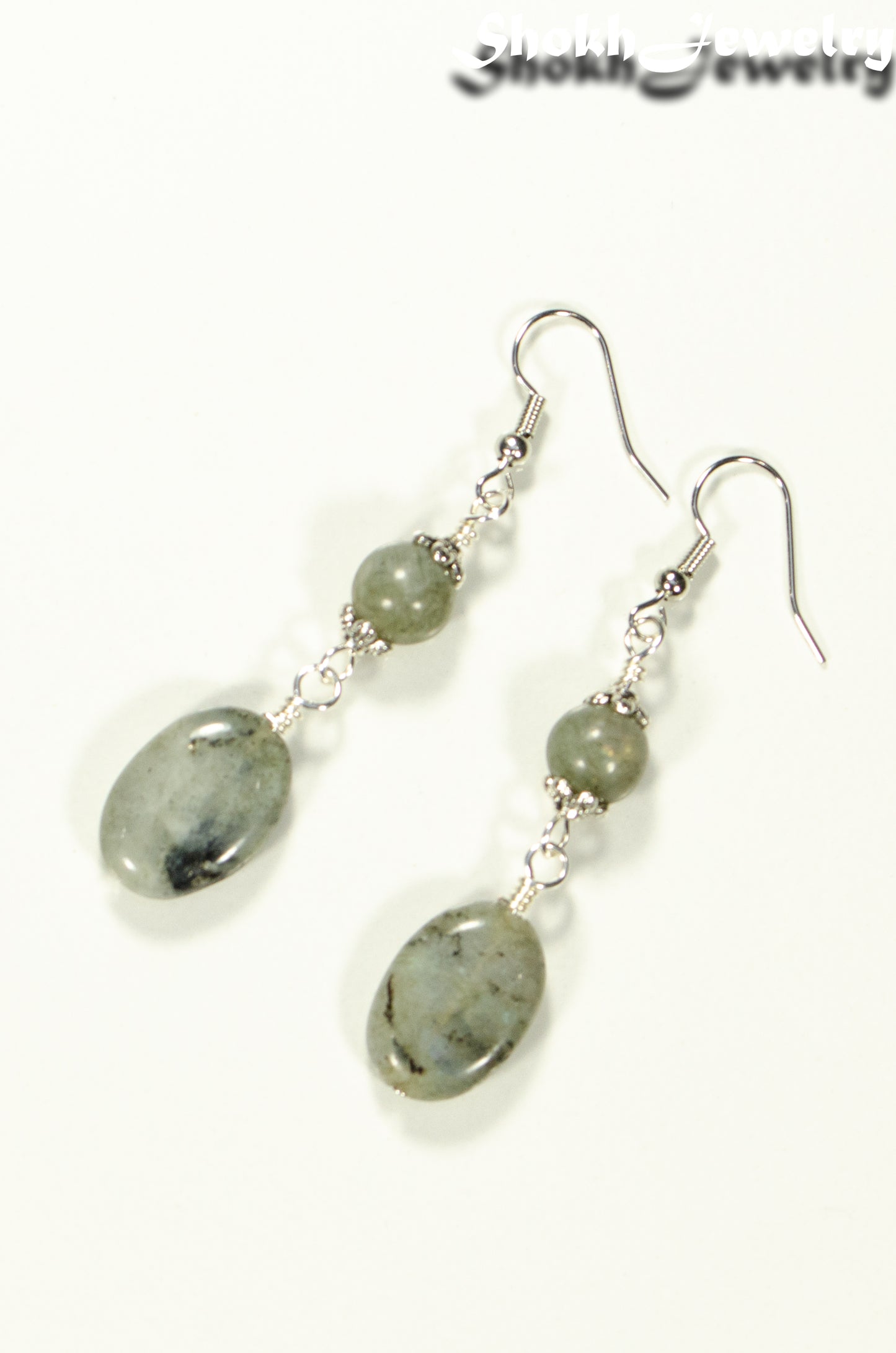 Top view of Statement Labradorite Crystal Earrings.