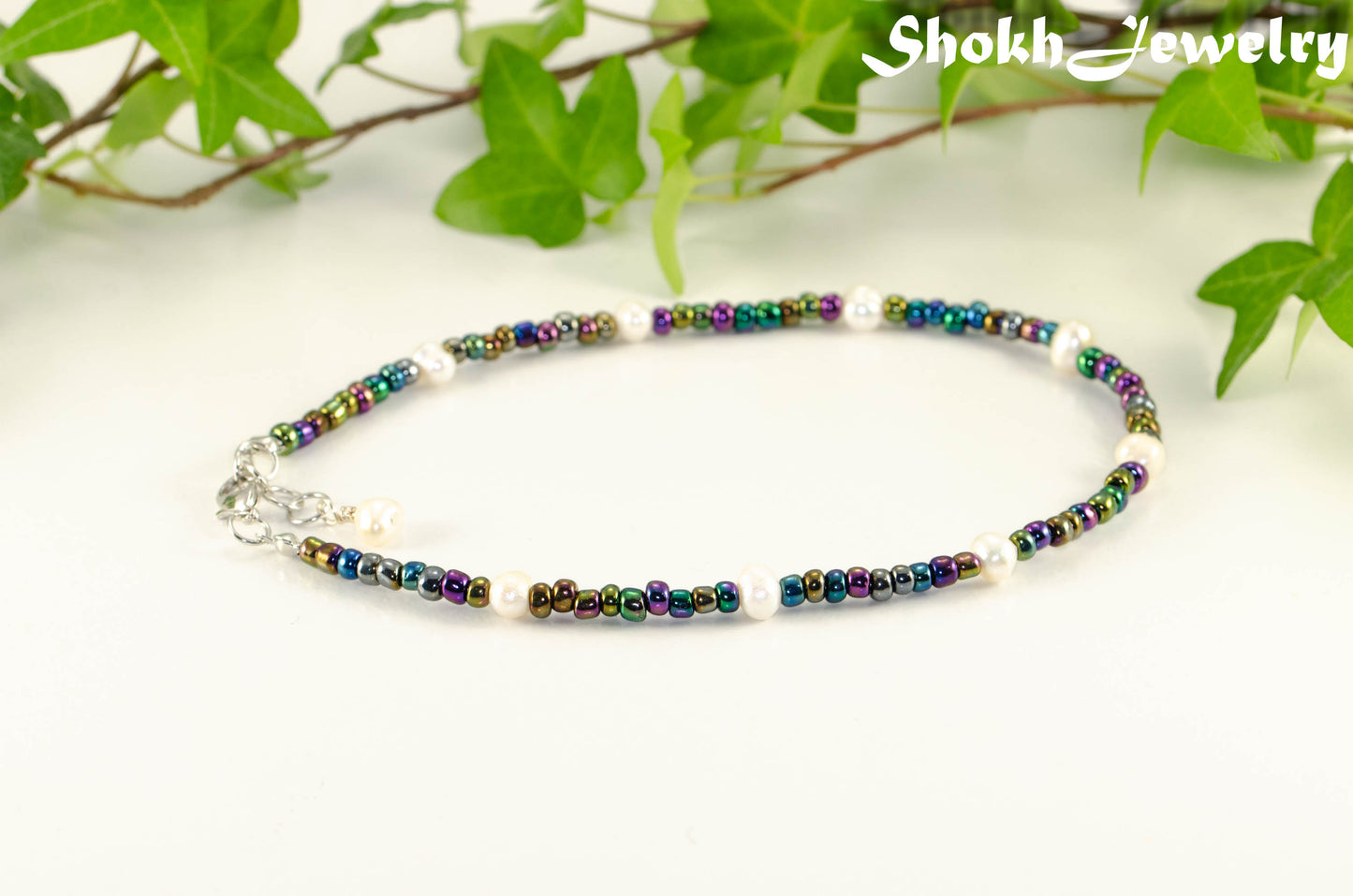 Freshwater Pearl and Black Seed Bead Anklet.