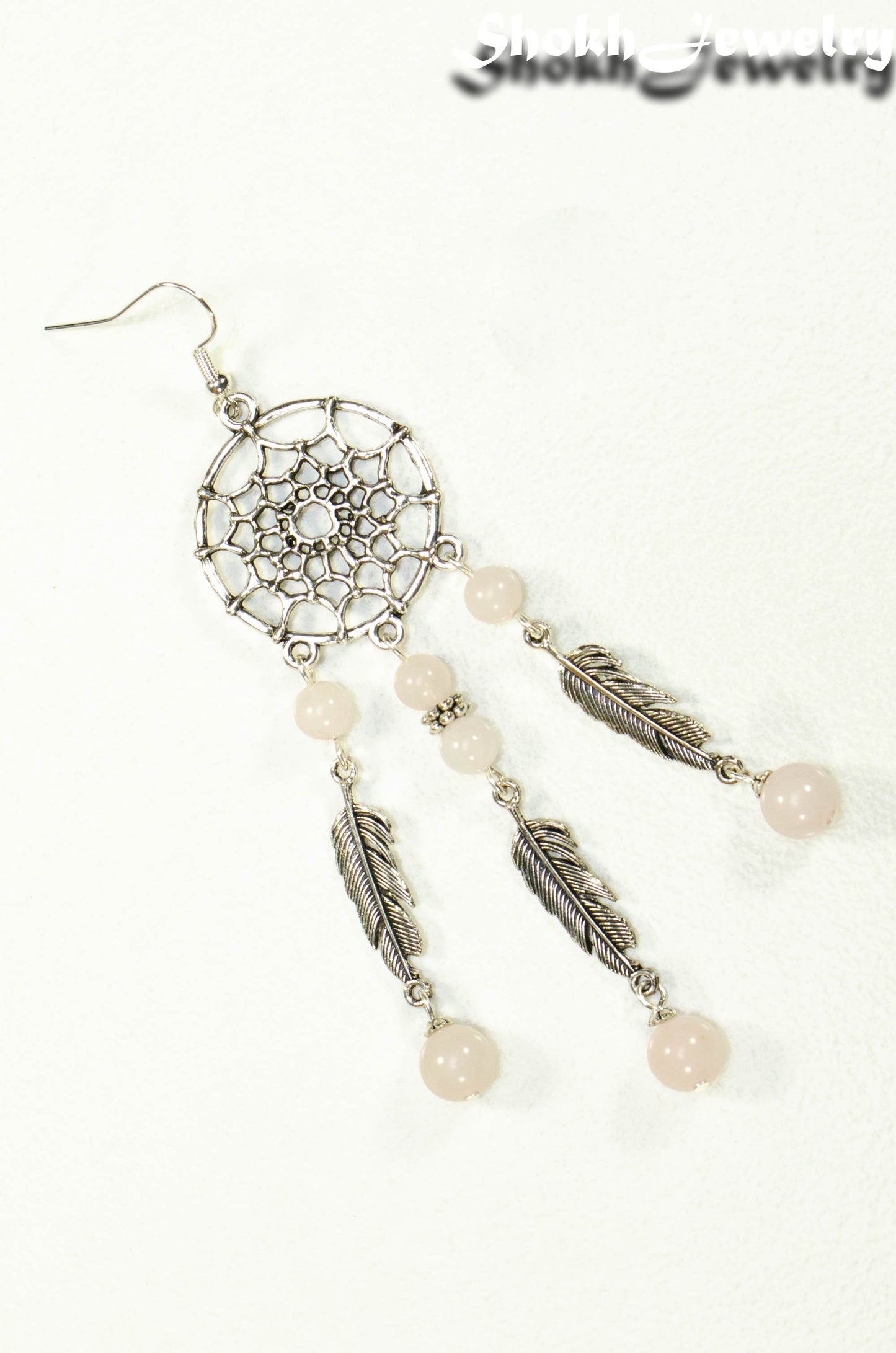 Top view of Extra Long Rose Quartz Dream Catcher Earring.