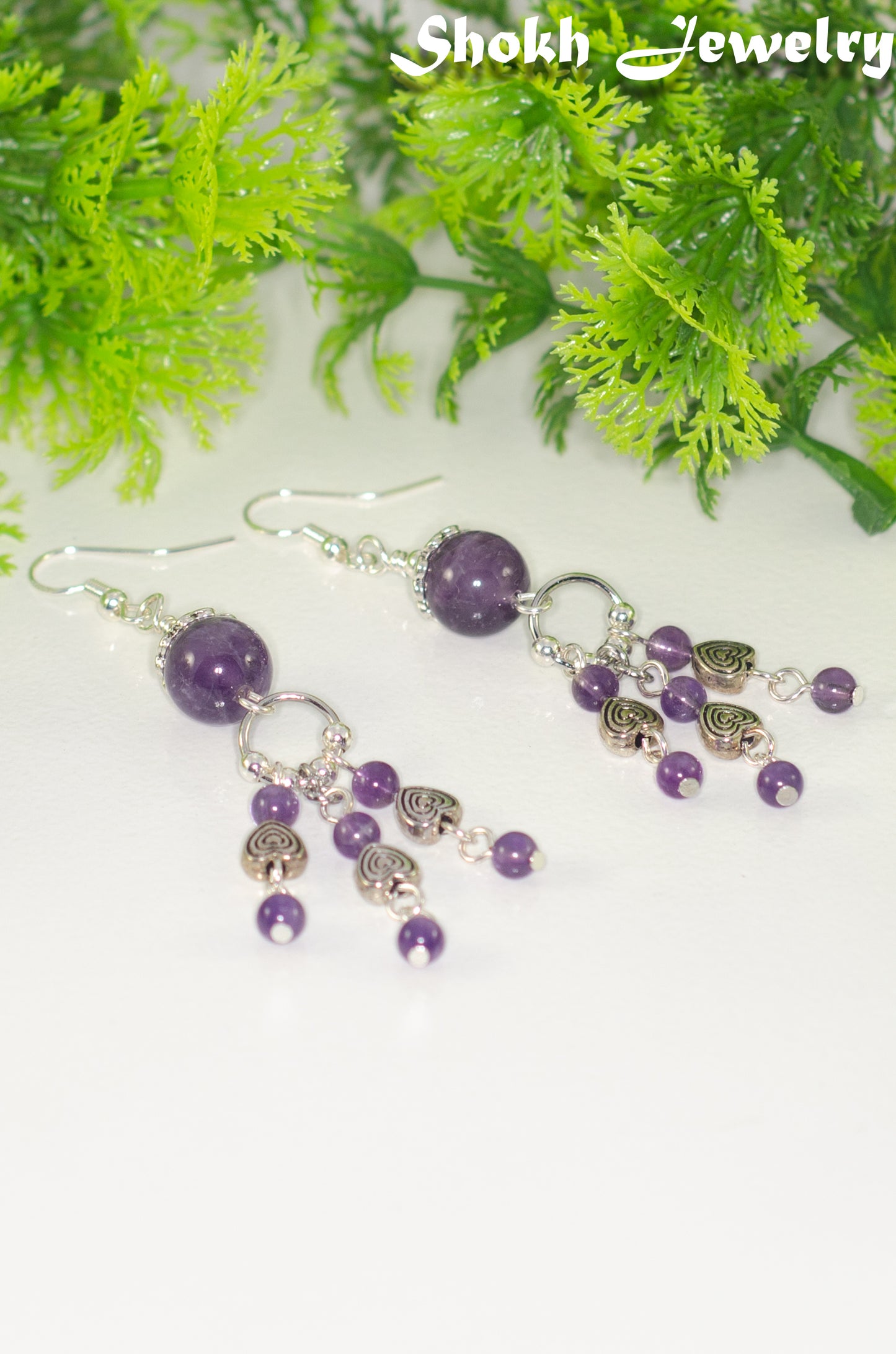 Natural Amethyst and Heart Chandelier Earrings
