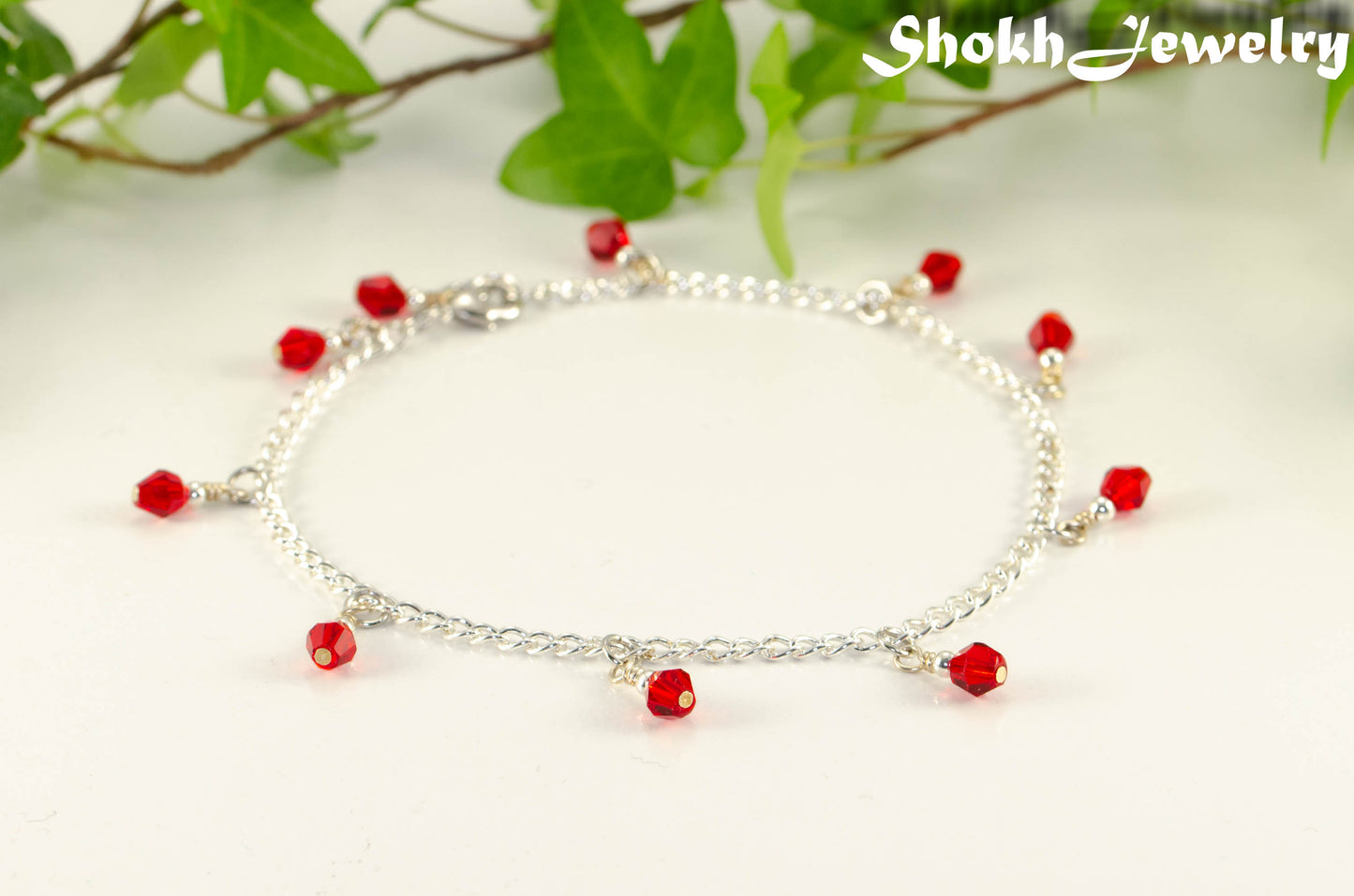 Red Glass Crystal Dangle and Chain Anklet for women.