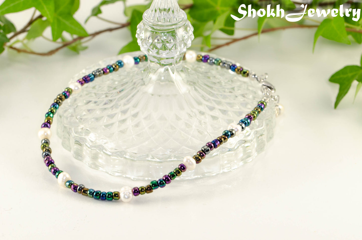 Freshwater Pearl and Black Seed Bead Anklet.
