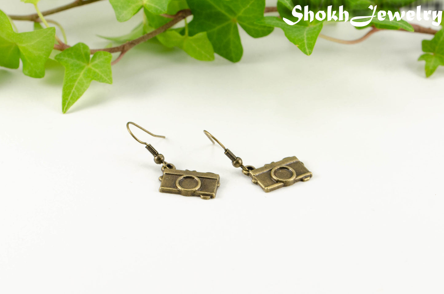 Antique Bronze Camera Charm Earrings for women.