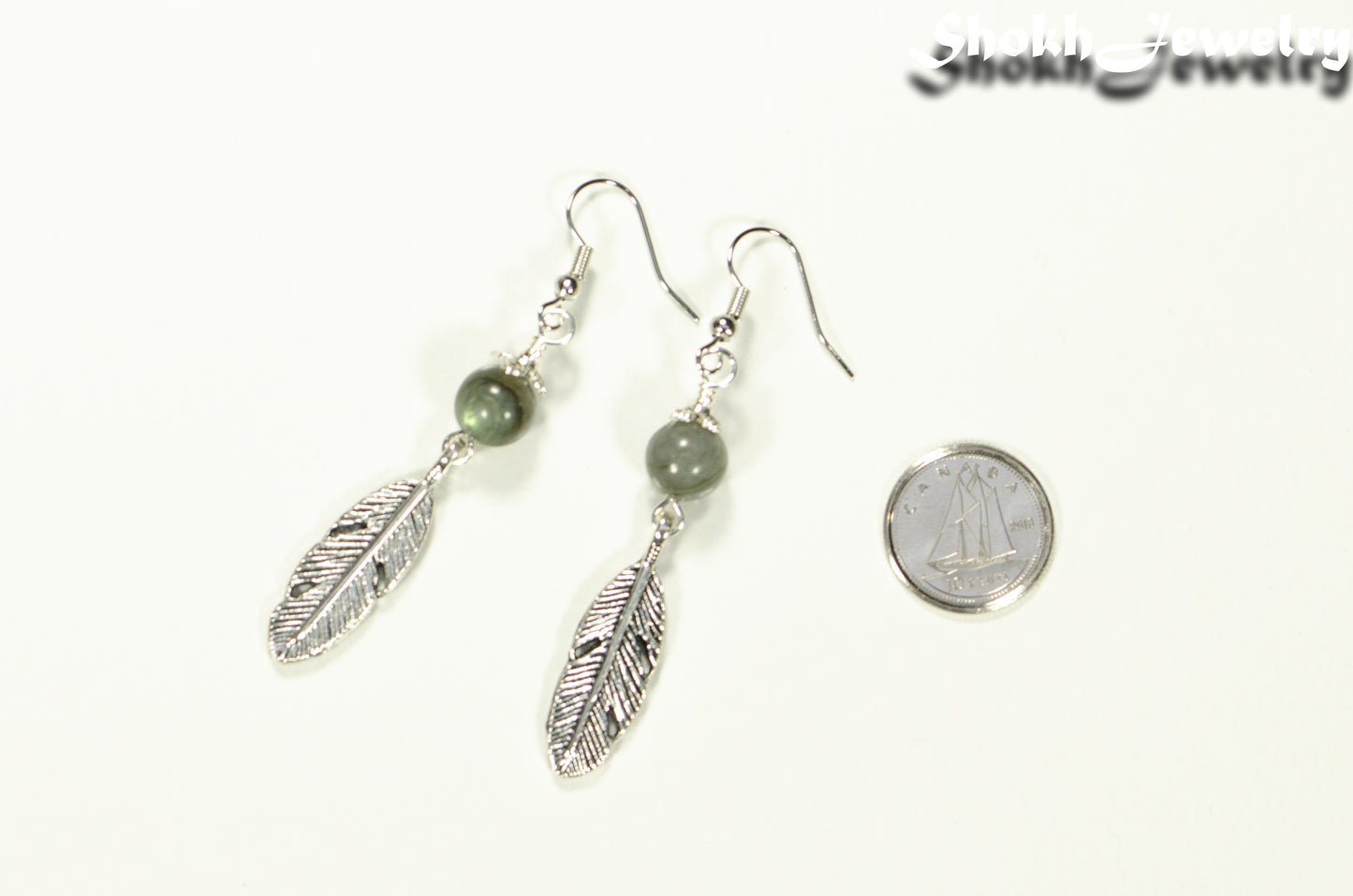 Labradorite Crystal and Tibetan Silver Feather Earrings beside a dime.