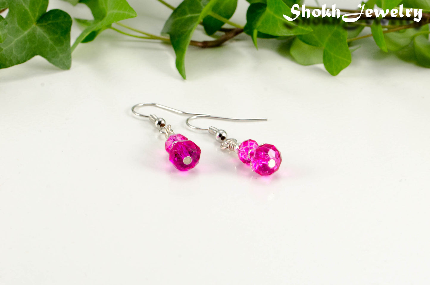 Small Hot Pink Glass Bead Dangle Earrings.