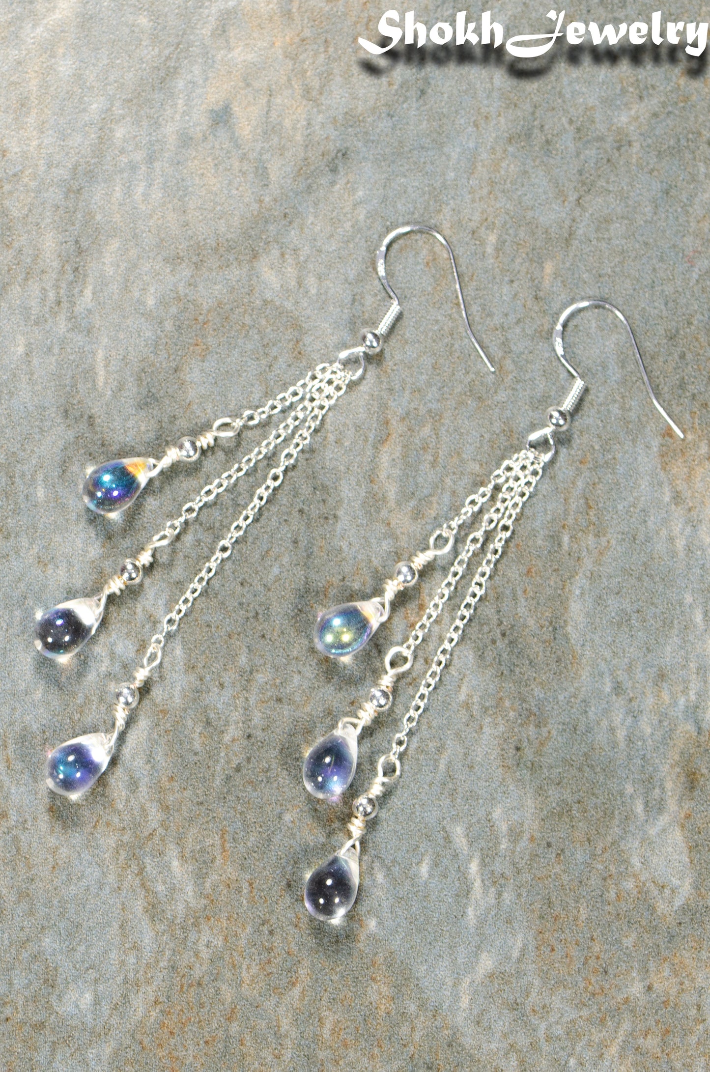 Top view of Long Silver Plated Chain and Czech Teardrop Crystal Earrings.