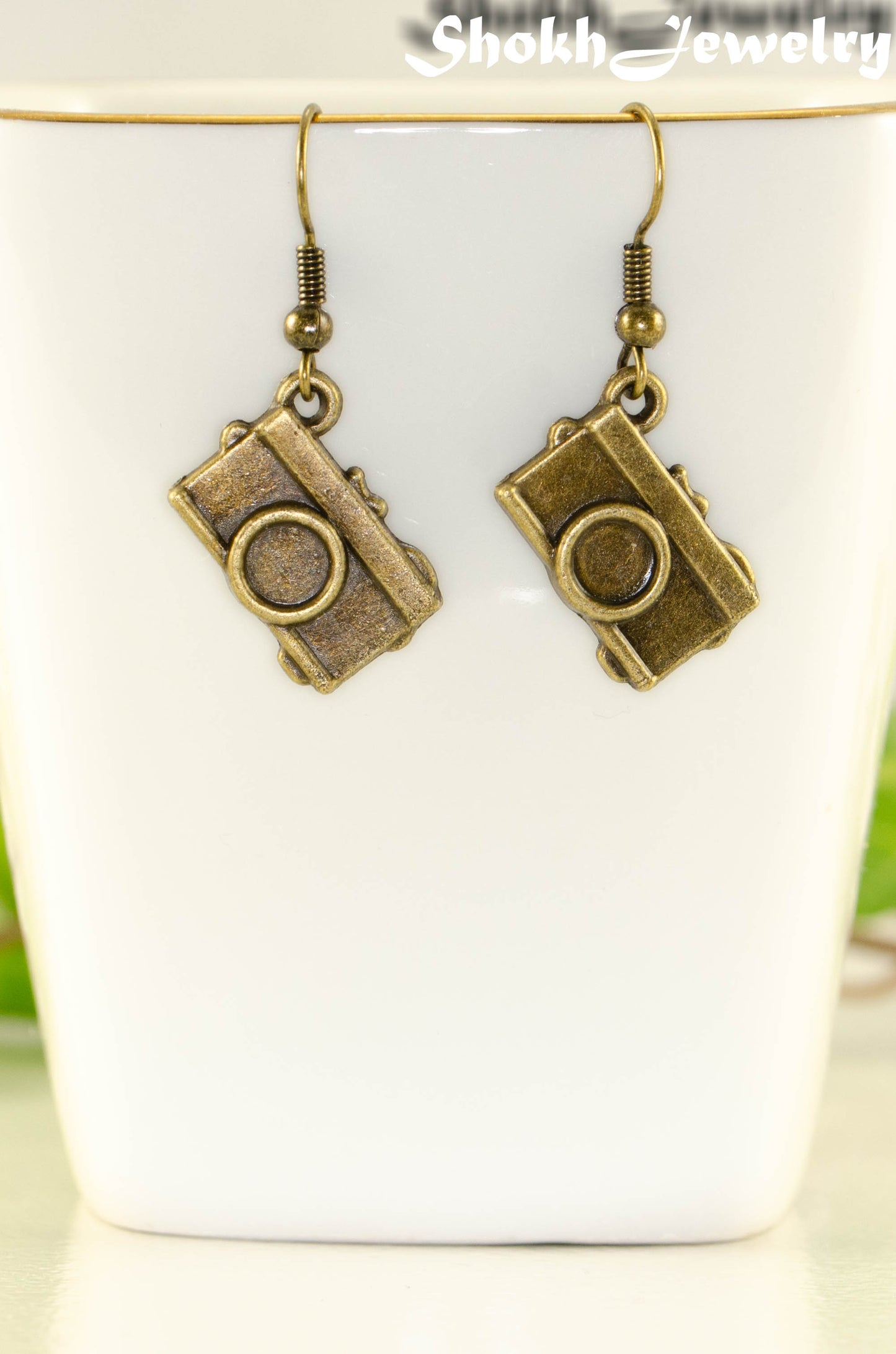 Close up of Antique Bronze Camera Charm Earrings.