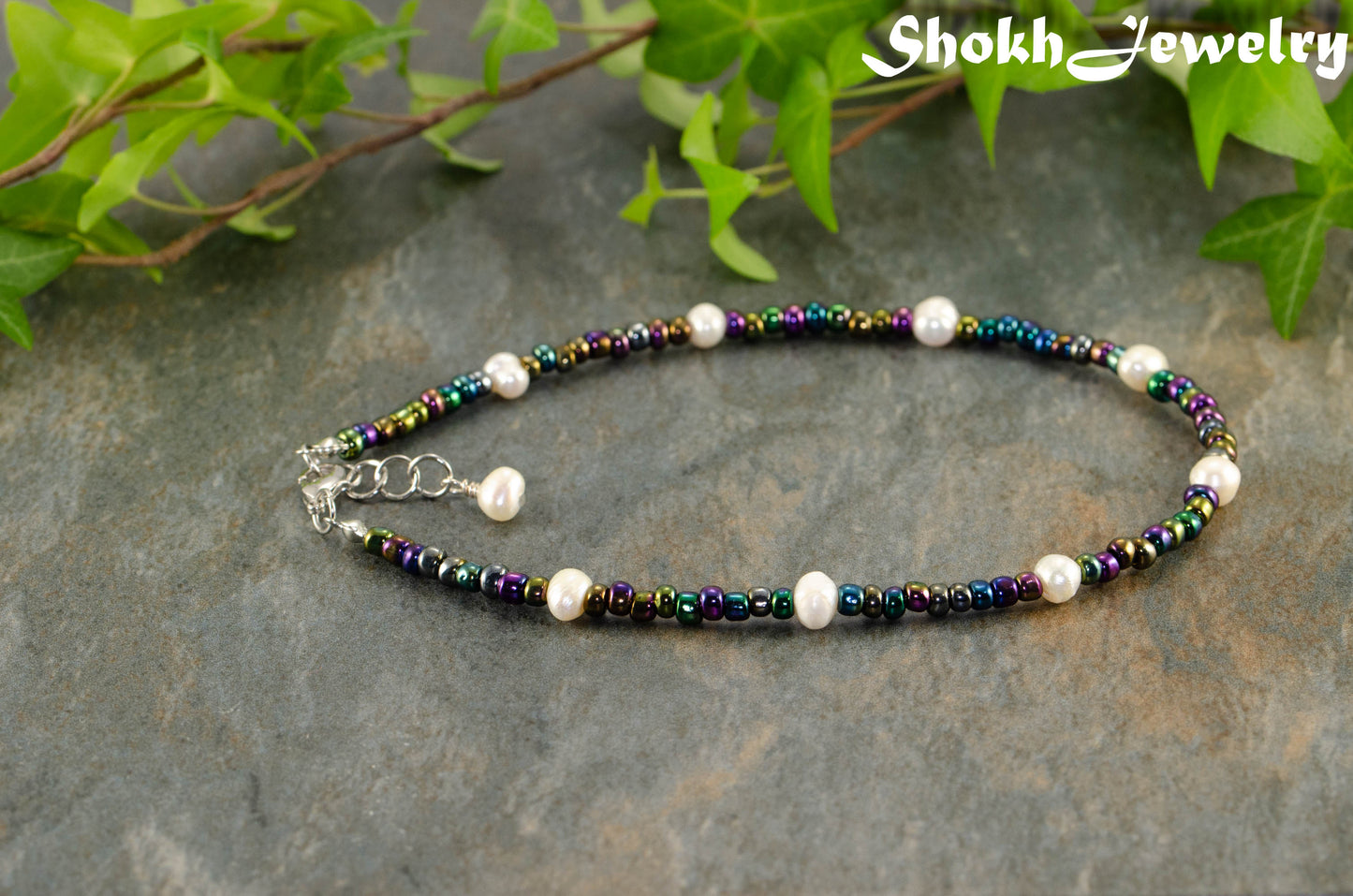 Freshwater Pearl and Black Seed Bead Anklet.