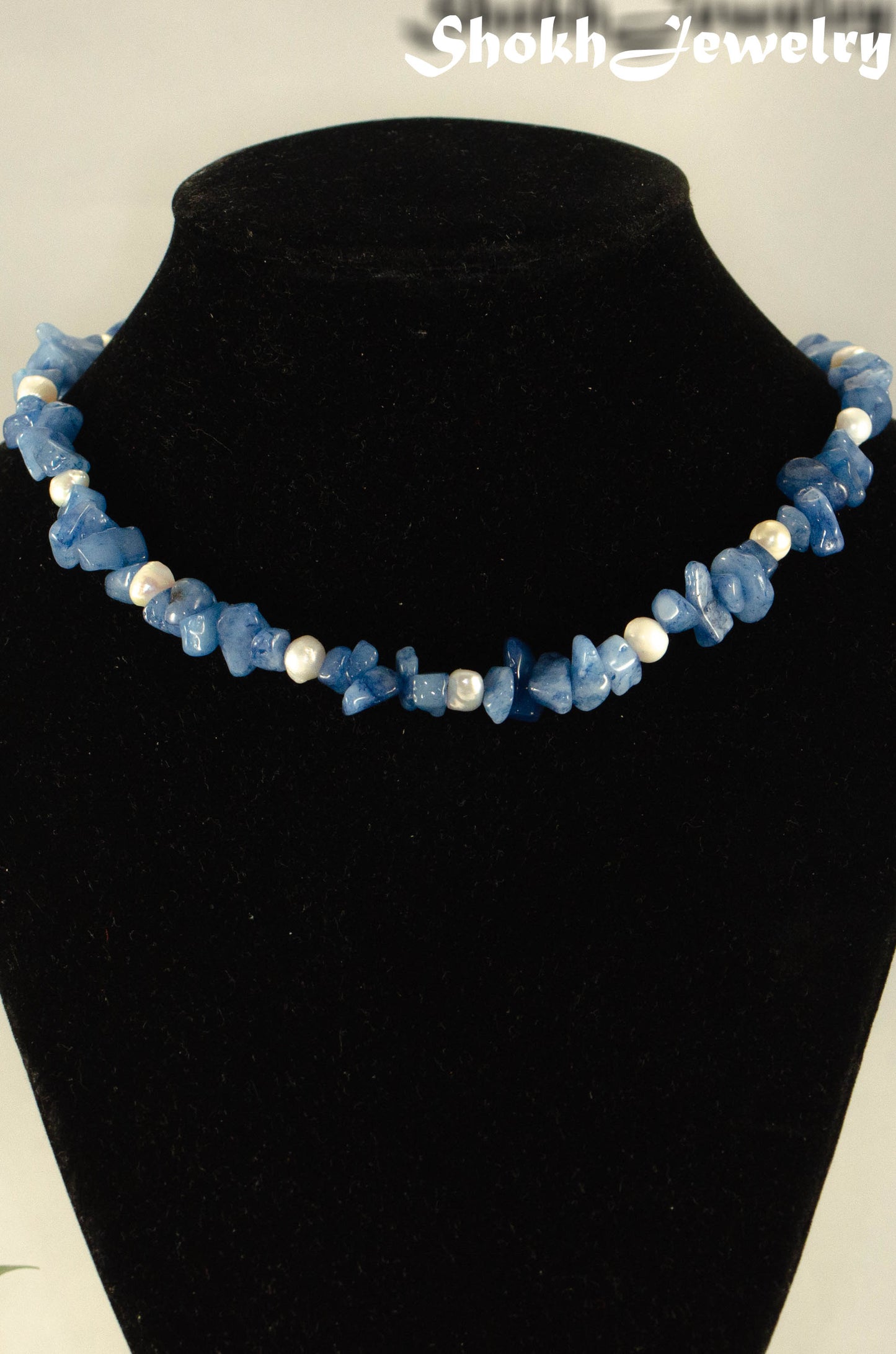 Freshwater Pearl and Natural Blue Quartzite Chip Choker Necklace