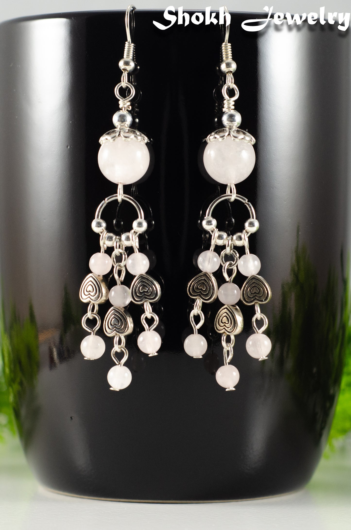 Natural Rose Quartz and Heart Chandelier Earrings