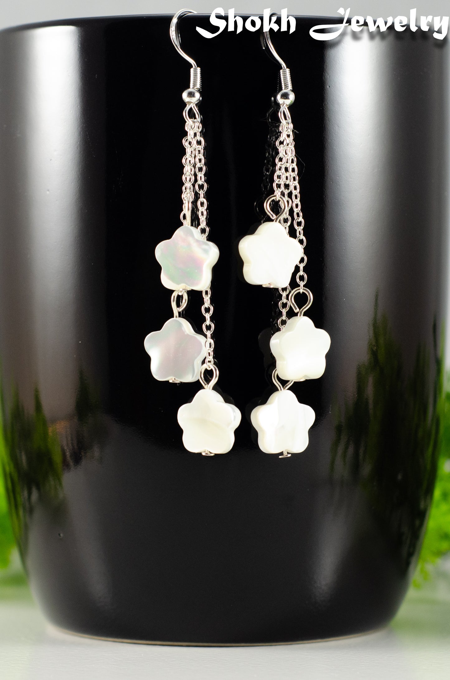 Long Silver Plated Chain and Seashell Flower Earrings