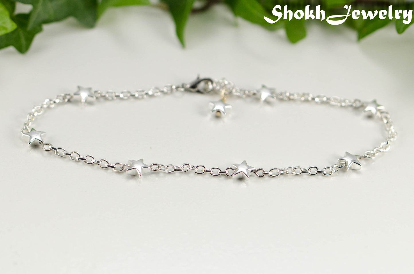 Close up of Silver plated Hematite Star and Chain Anklet.