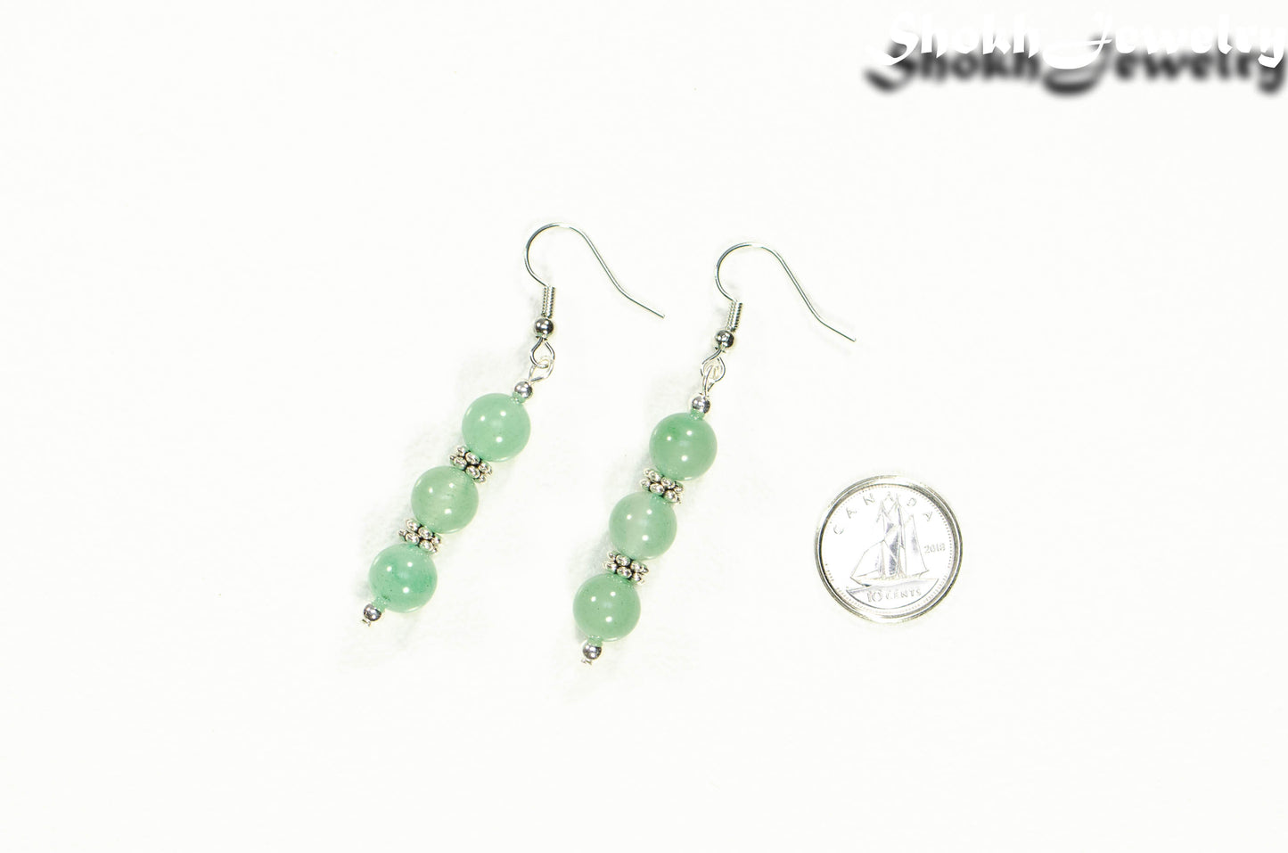Natural Green Aventurine Beaded Bar Earrings beside a dime.