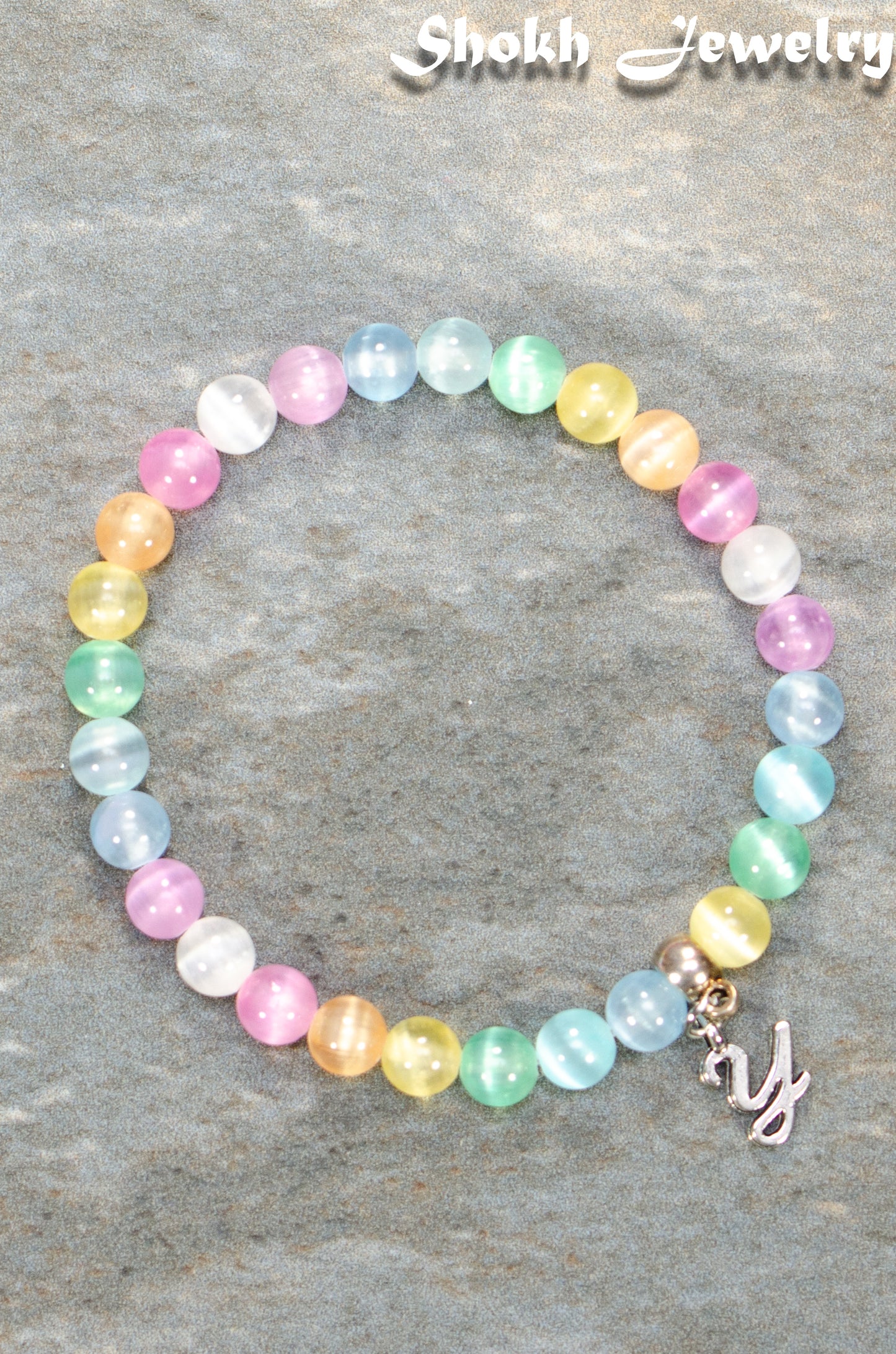 6mm Rainbow Selenite Bracelet with Initial