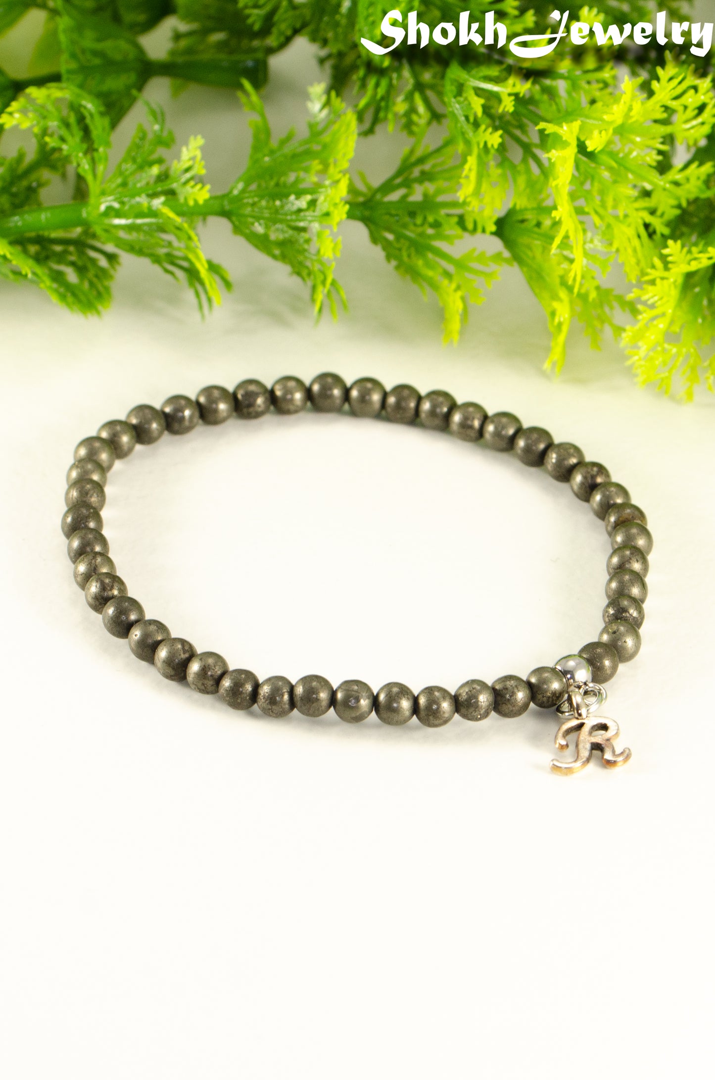 Close up of 4mm Natural Pyrite Bracelet with Initial.
