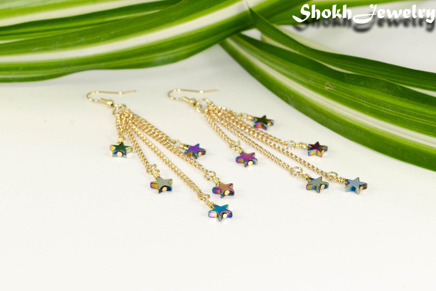 Extra Long Rainbow Hematite Star Earrings.